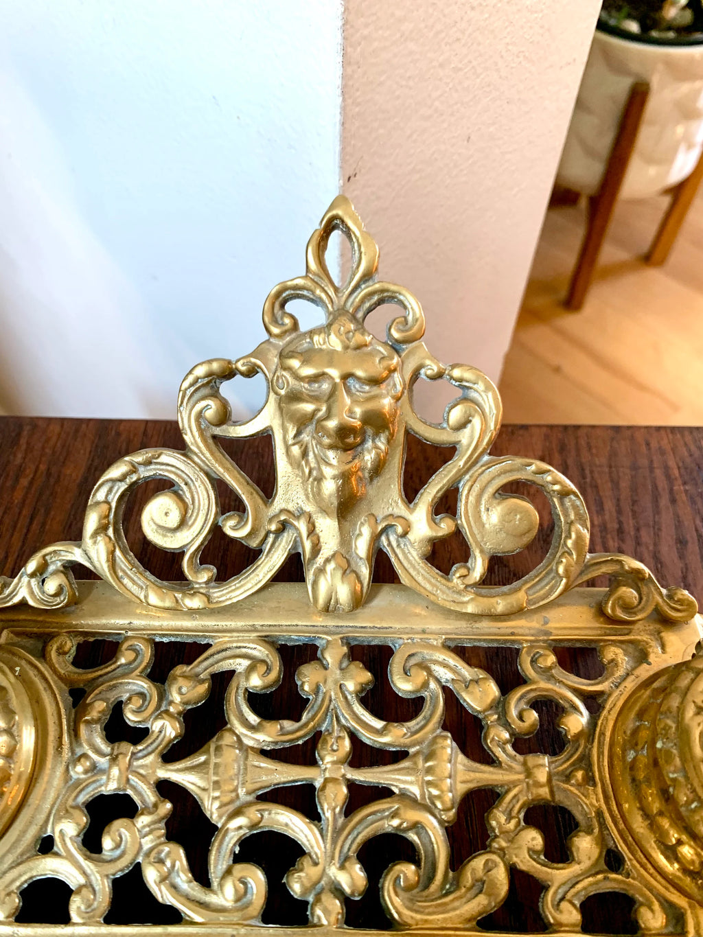 Vtg Renaissance Revival Double Brass Inkwell | Ornate Brass Inkwell | Brass Inkwell With Northwind Face | Ornate Double Inkwell