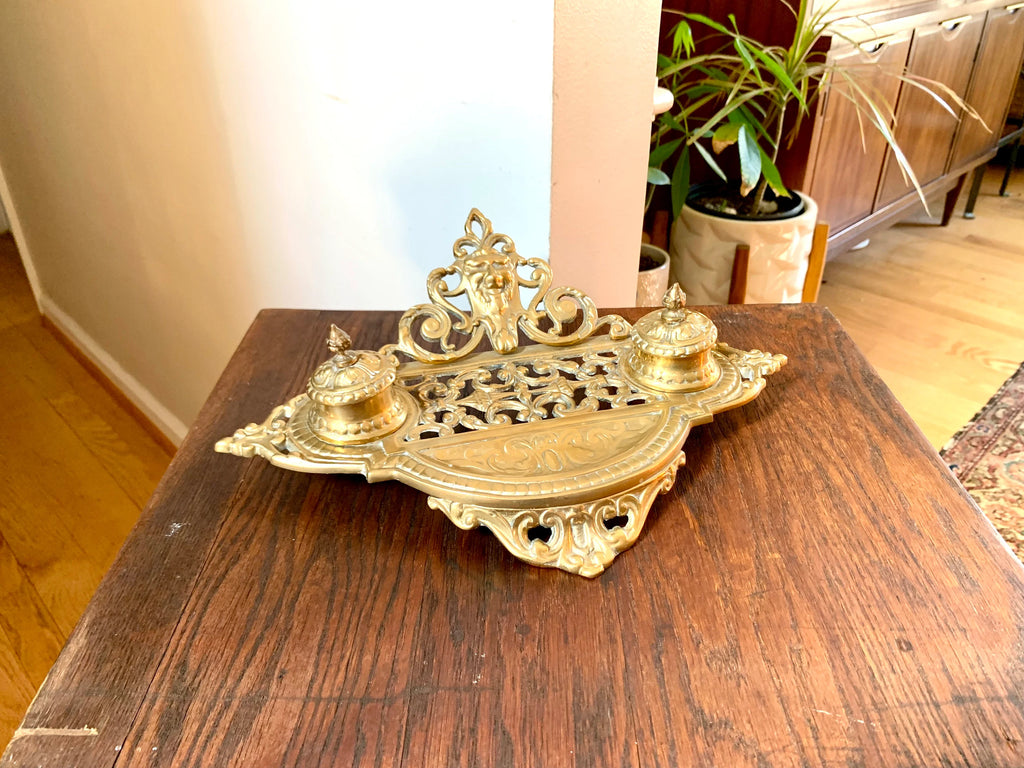 Vtg Renaissance Revival Double Brass Inkwell | Ornate Brass Inkwell | Brass Inkwell With Northwind Face | Ornate Double Inkwell