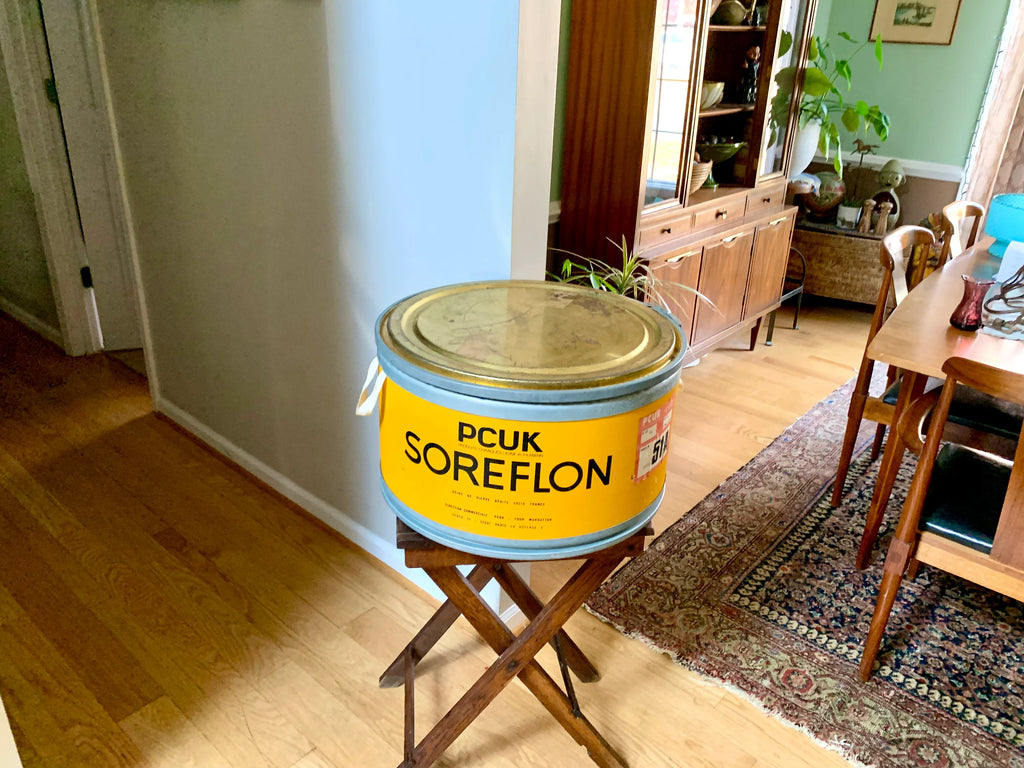 Vtg Pcuk Soreflon Container | Yellow French Storage Container | Yellow Barrel Container | Decorative Shipping Container| Large Round Box