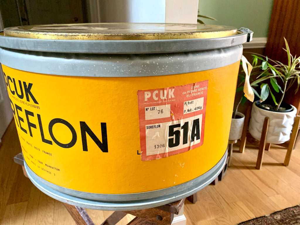 Vtg Pcuk Soreflon Container | Yellow French Storage Container | Yellow Barrel Container | Decorative Shipping Container| Large Round Box
