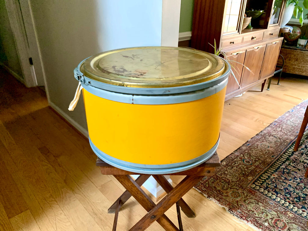 Vtg Pcuk Soreflon Container | Yellow French Storage Container | Yellow Barrel Container | Decorative Shipping Container| Large Round Box