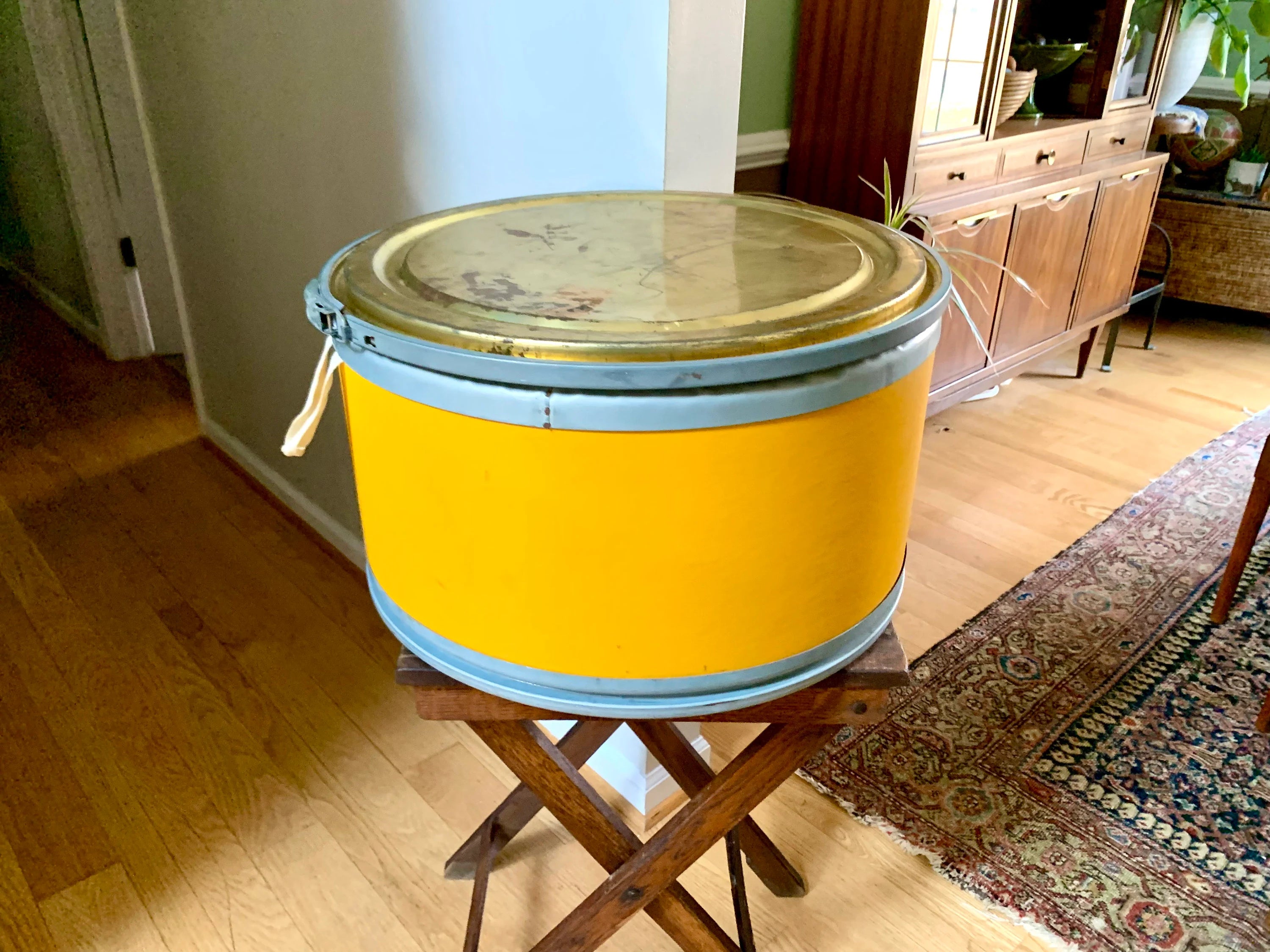 Vtg Pcuk Soreflon Container | Yellow French Storage Container | Yellow Barrel Container | Decorative Shipping Container| Large Round Box