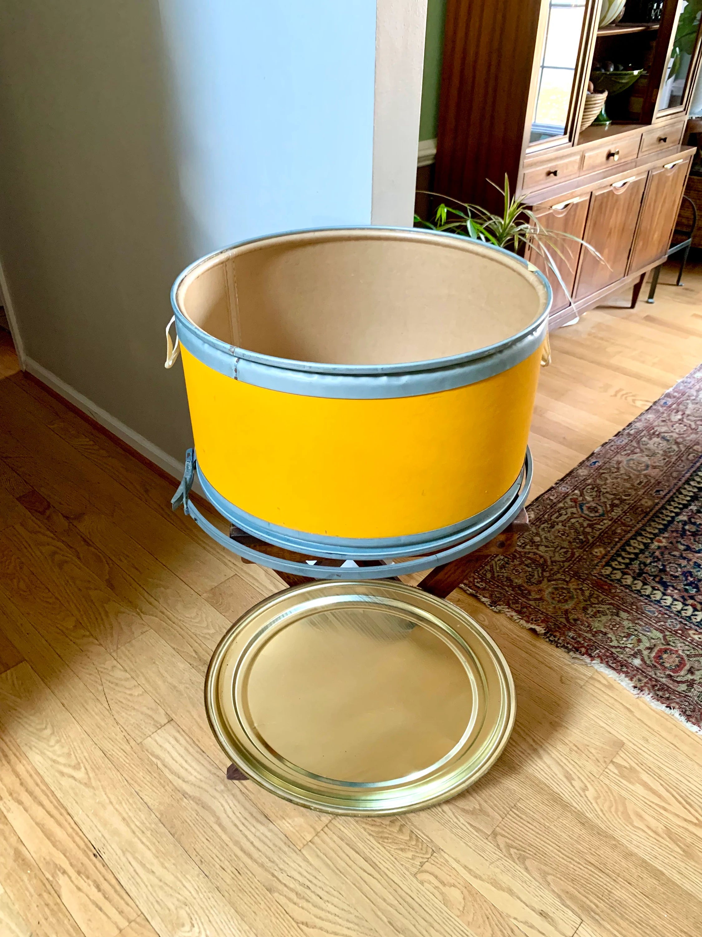 Vtg Pcuk Soreflon Container | Yellow French Storage Container | Yellow Barrel Container | Decorative Shipping Container| Large Round Box