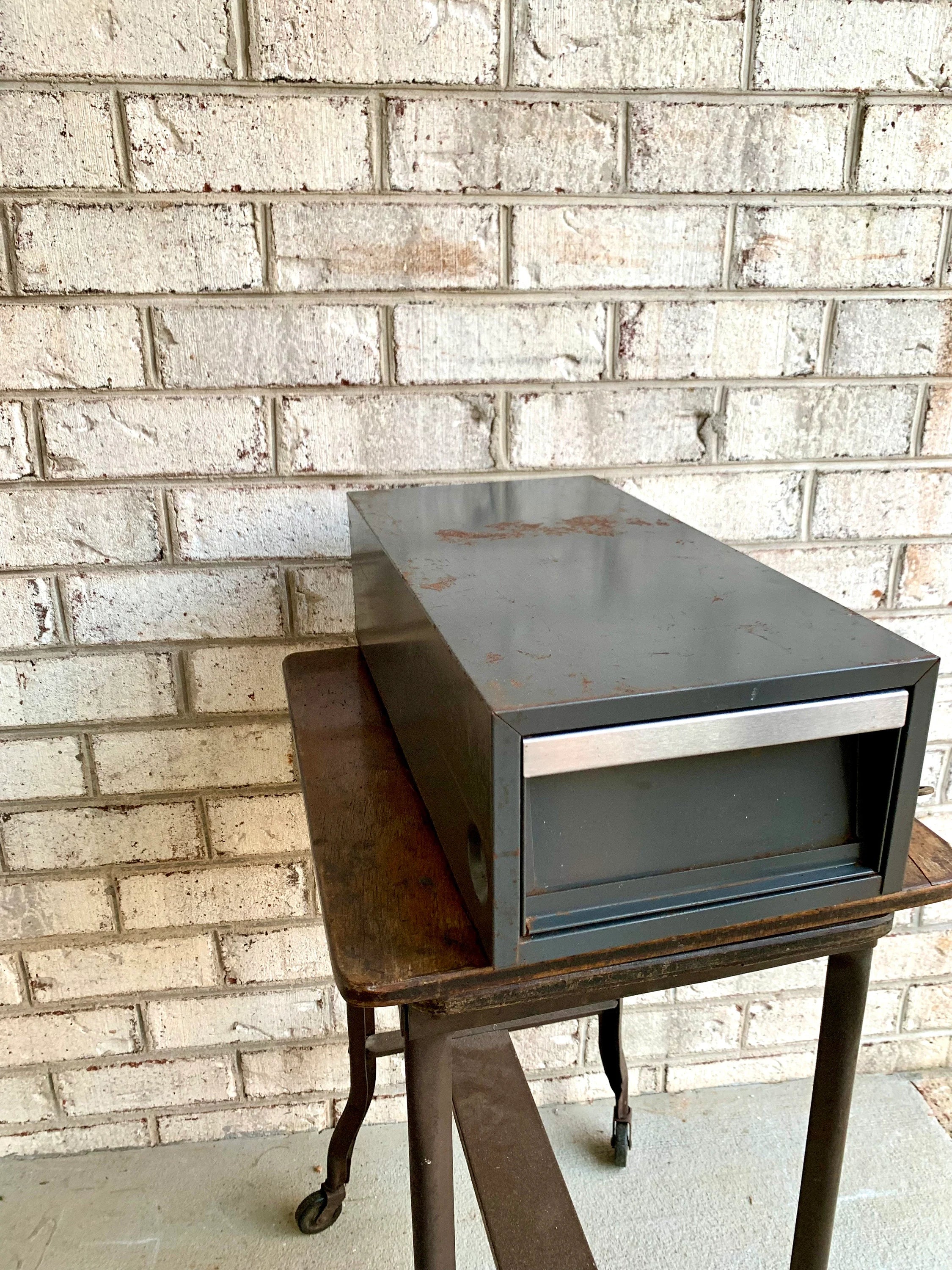 Vtg Rustic Industrial Wright Line Media Management Cabinet | Metal Locking Card Cabinet | Industrial Storage Bin | Stash Box