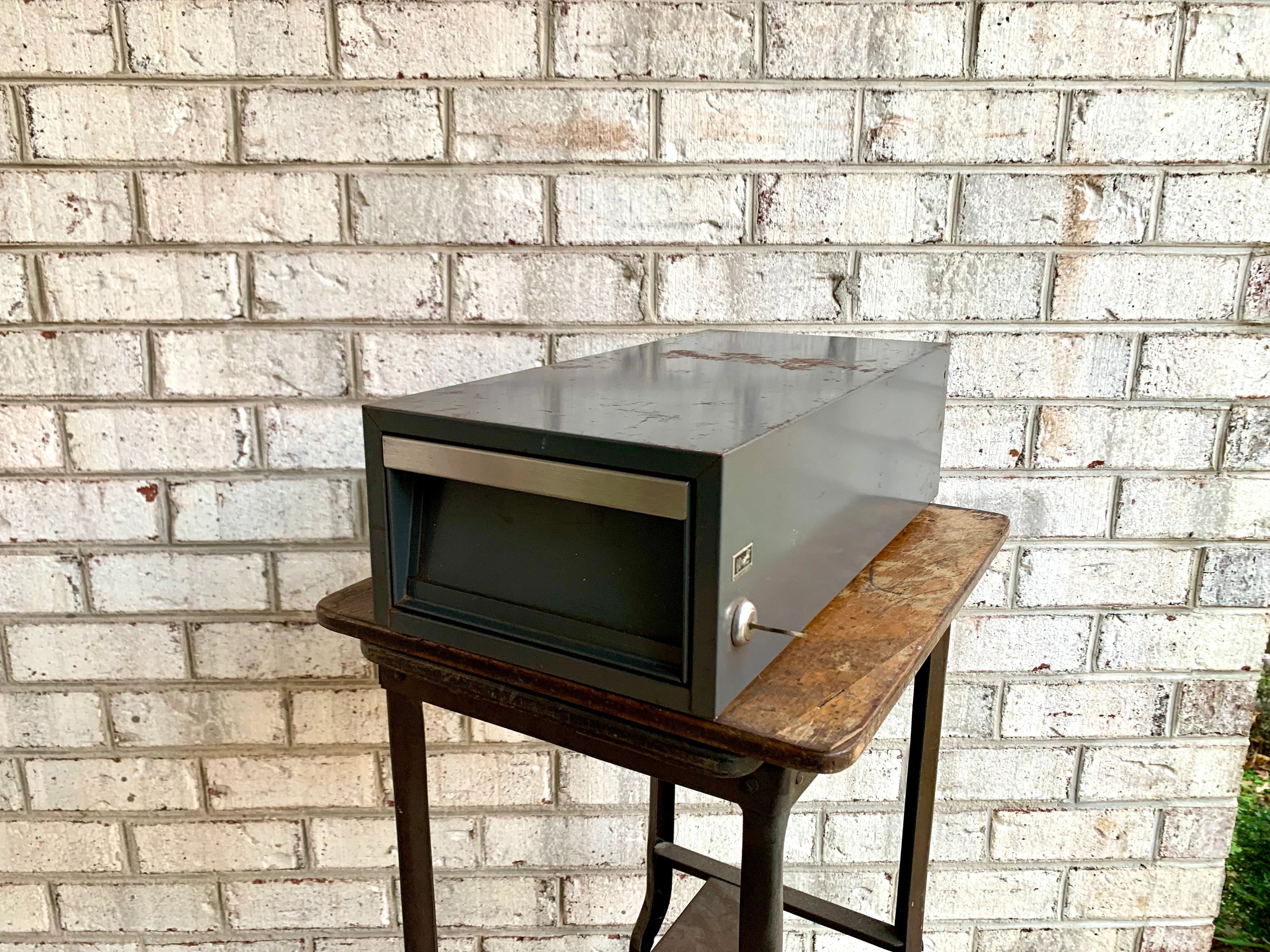 Vtg Rustic Industrial Wright Line Media Management Cabinet | Metal Locking Card Cabinet | Industrial Storage Bin | Stash Box