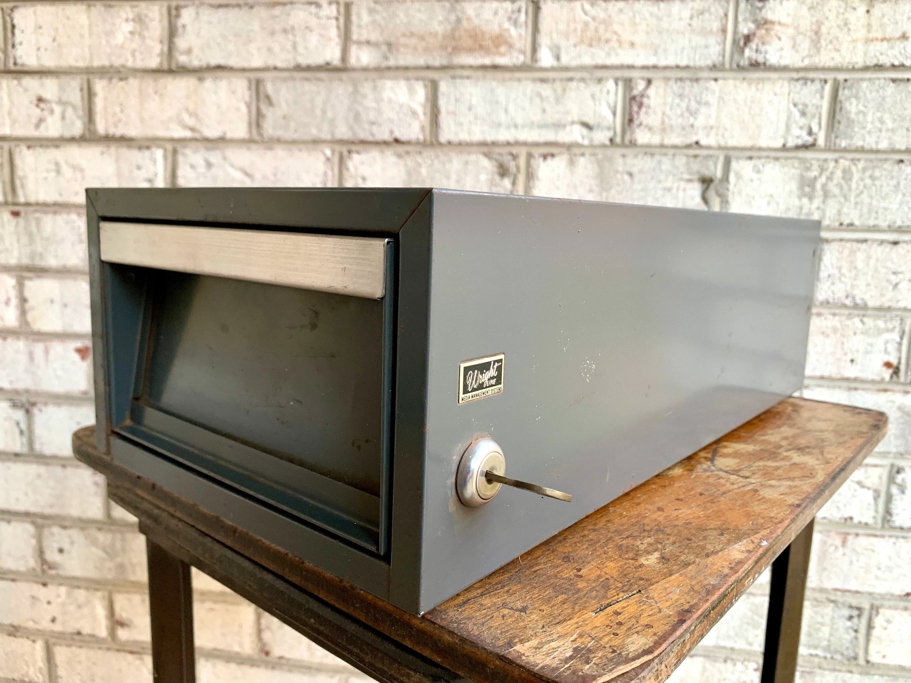 Vtg Rustic Industrial Wright Line Media Management Cabinet | Metal Locking Card Cabinet | Industrial Storage Bin | Stash Box