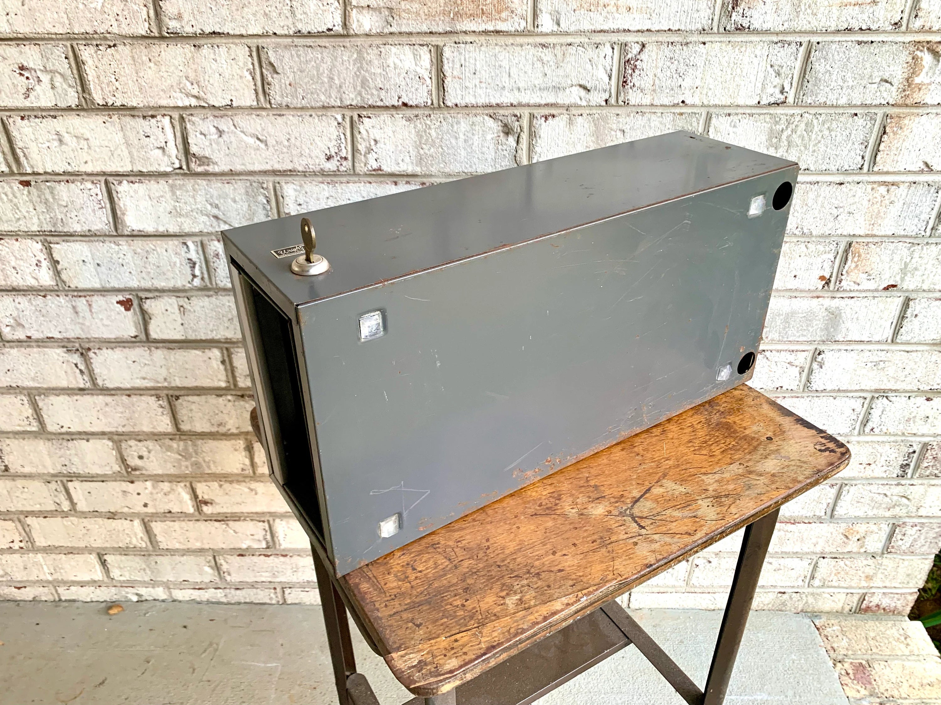 Vtg Rustic Industrial Wright Line Media Management Cabinet | Metal Locking Card Cabinet | Industrial Storage Bin | Stash Box