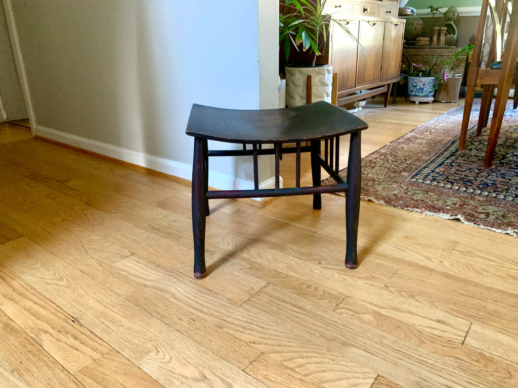 Wooden Stool | Distressed Wood Ottoman | Vintage Bentwood Top Foot Stool | Unique Ottoman | MCM Black Footstool | Antique Wood Plant Stand