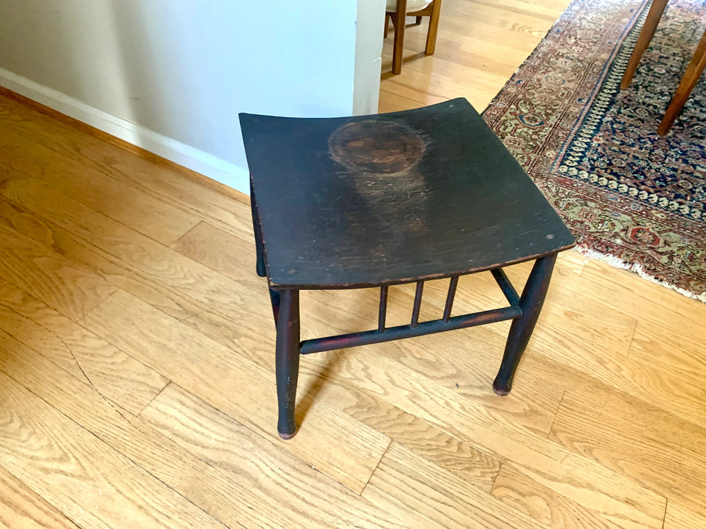 Wooden Stool | Distressed Wood Ottoman | Vintage Bentwood Top Foot Stool | Unique Ottoman | MCM Black Footstool | Antique Wood Plant Stand