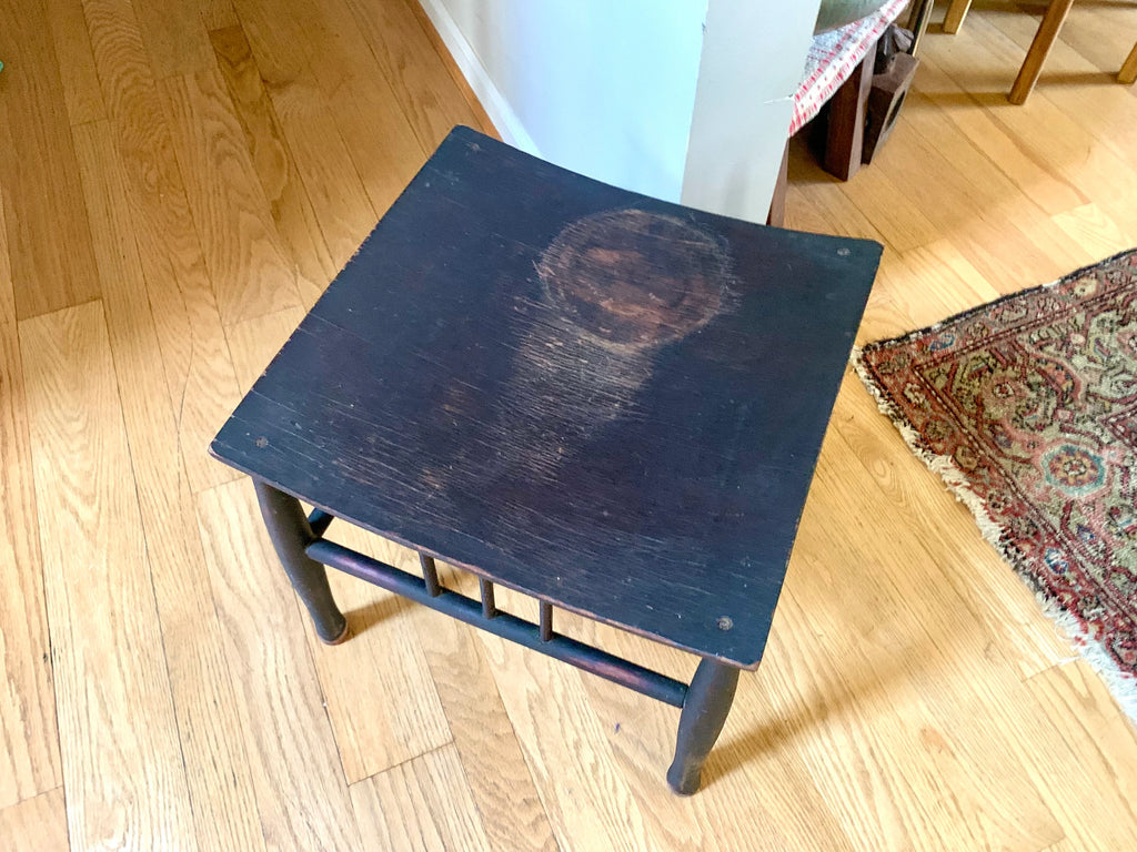 Wooden Stool | Distressed Wood Ottoman | Vintage Bentwood Top Foot Stool | Unique Ottoman | MCM Black Footstool | Antique Wood Plant Stand