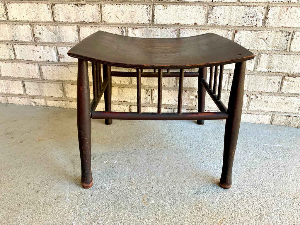 Wooden Stool | Distressed Wood Ottoman | Vintage Bentwood Top Foot Stool | Unique Ottoman | MCM Black Footstool | Antique Wood Plant Stand