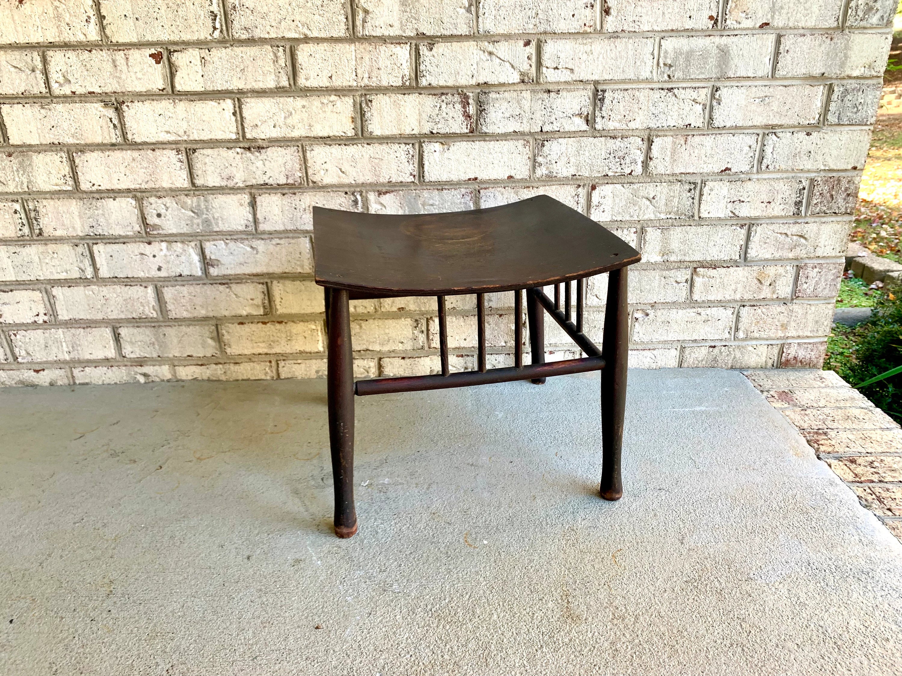 Wooden Stool | Distressed Wood Ottoman | Vintage Bentwood Top Foot Stool | Unique Ottoman | MCM Black Footstool | Antique Wood Plant Stand