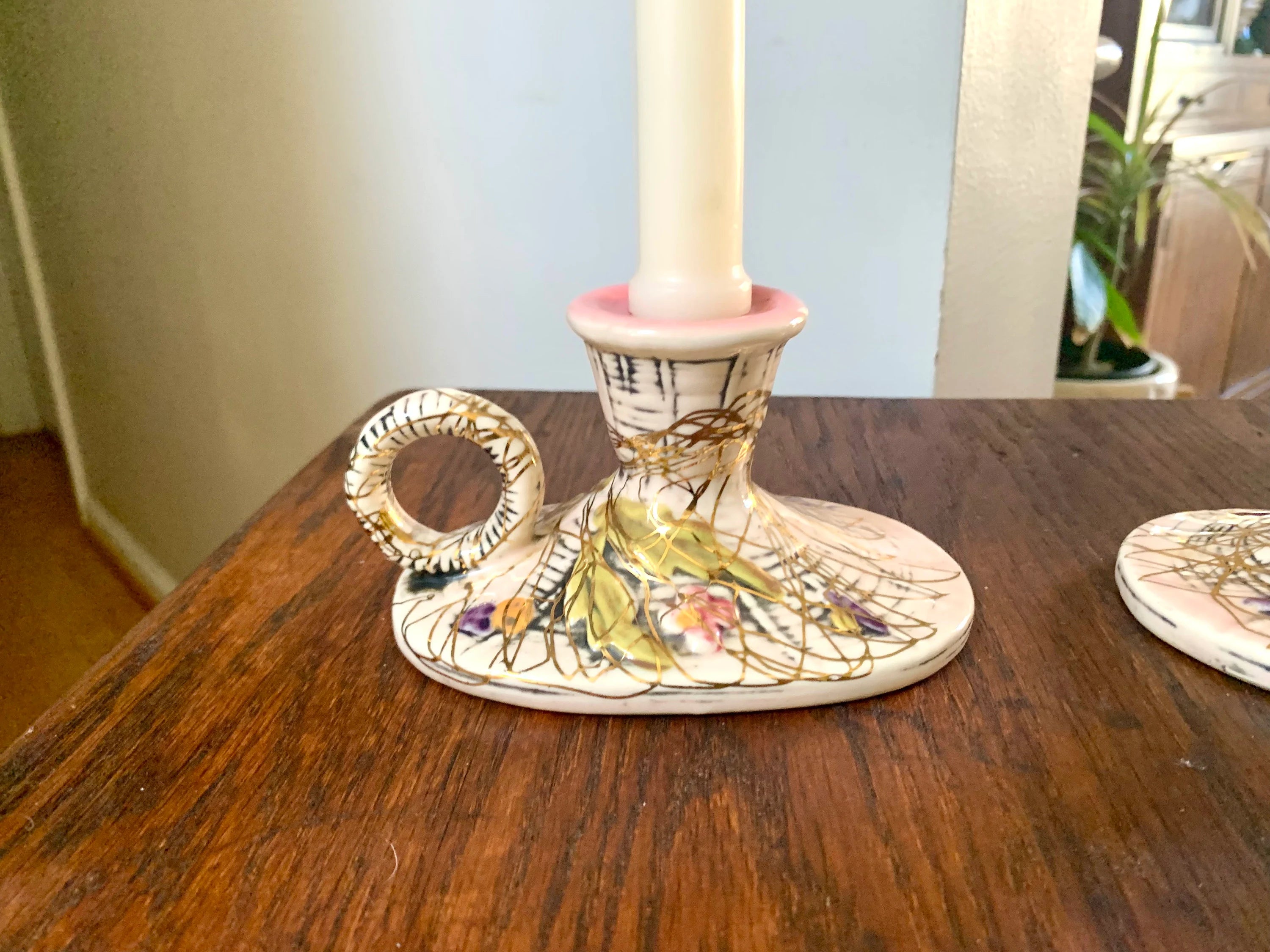 Set of 2 Hull Pottery Candlestick Holders | Vintage Hull Pottery Pink Blossom Flite T11 Candle Holders | Ceramic Floral Candlestick Holders