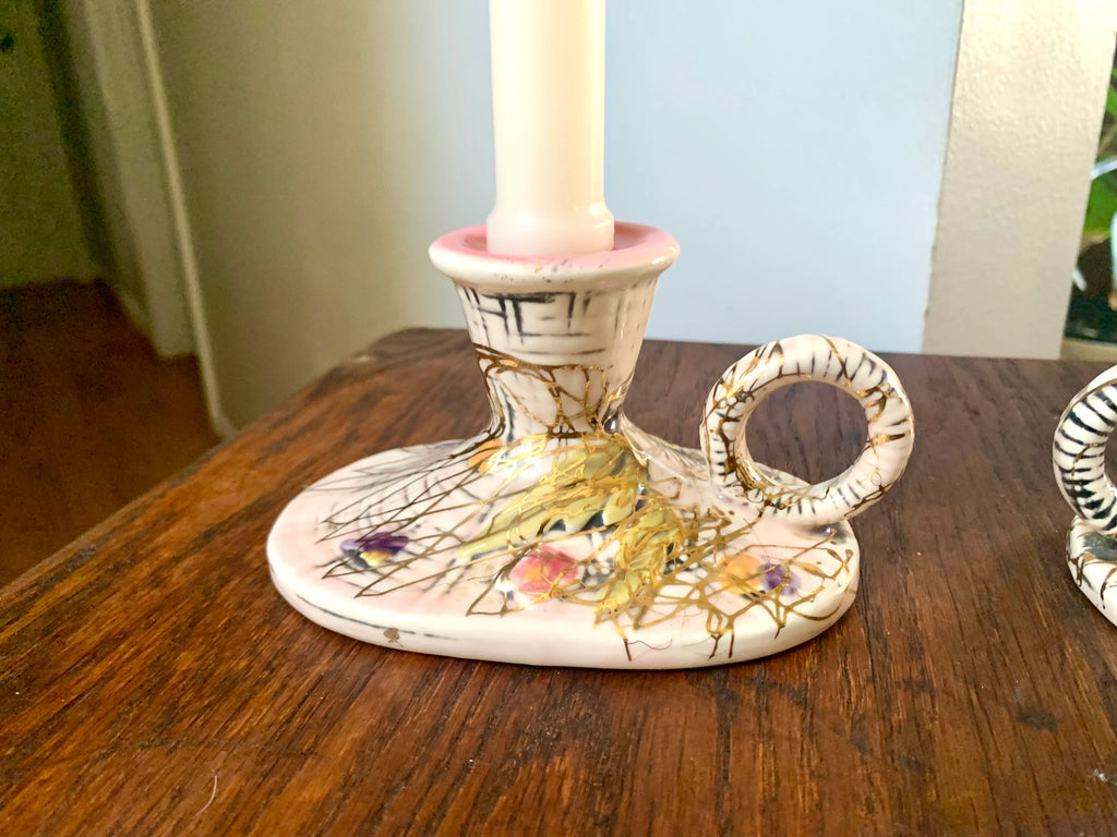 Set of 2 Hull Pottery Candlestick Holders | Vintage Hull Pottery Pink Blossom Flite T11 Candle Holders | Ceramic Floral Candlestick Holders