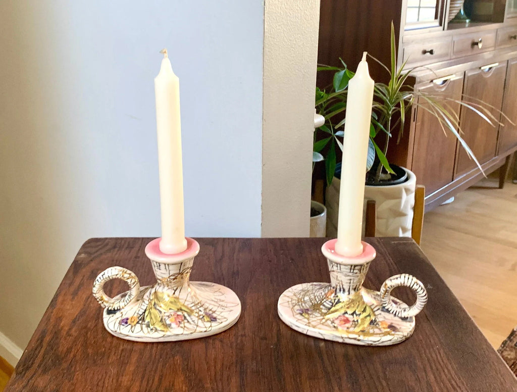 Set of 2 Hull Pottery Candlestick Holders | Vintage Hull Pottery Pink Blossom Flite T11 Candle Holders | Ceramic Floral Candlestick Holders