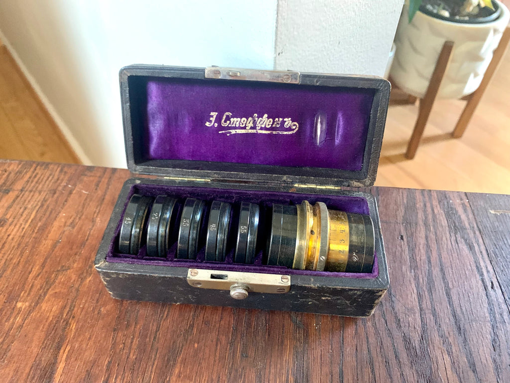 Antique Lens Casket Set | Emil Busch Vademecum Lens Gasket Set | 7 Lens 15,25,35,45,55,65,75 | Antique Photography Lens Set