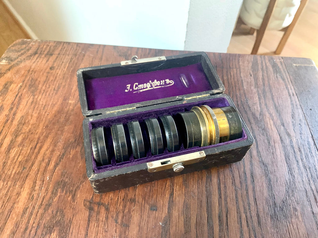 Antique Lens Casket Set | Emil Busch Vademecum Lens Gasket Set | 7 Lens 15,25,35,45,55,65,75 | Antique Photography Lens Set