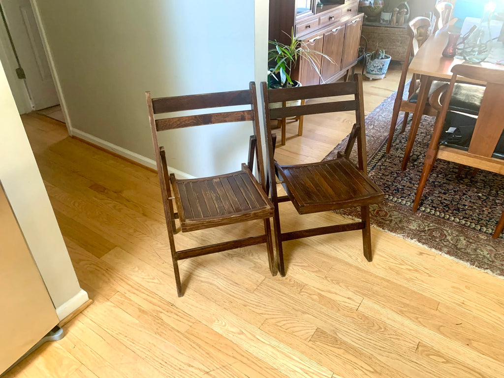 A Set Of 2 Wood Folding Chairs | Mid Century Folding Wood Slat Chairs | Extra Seating Wood Chairs | Made In Yugoslavia Wood Chairs