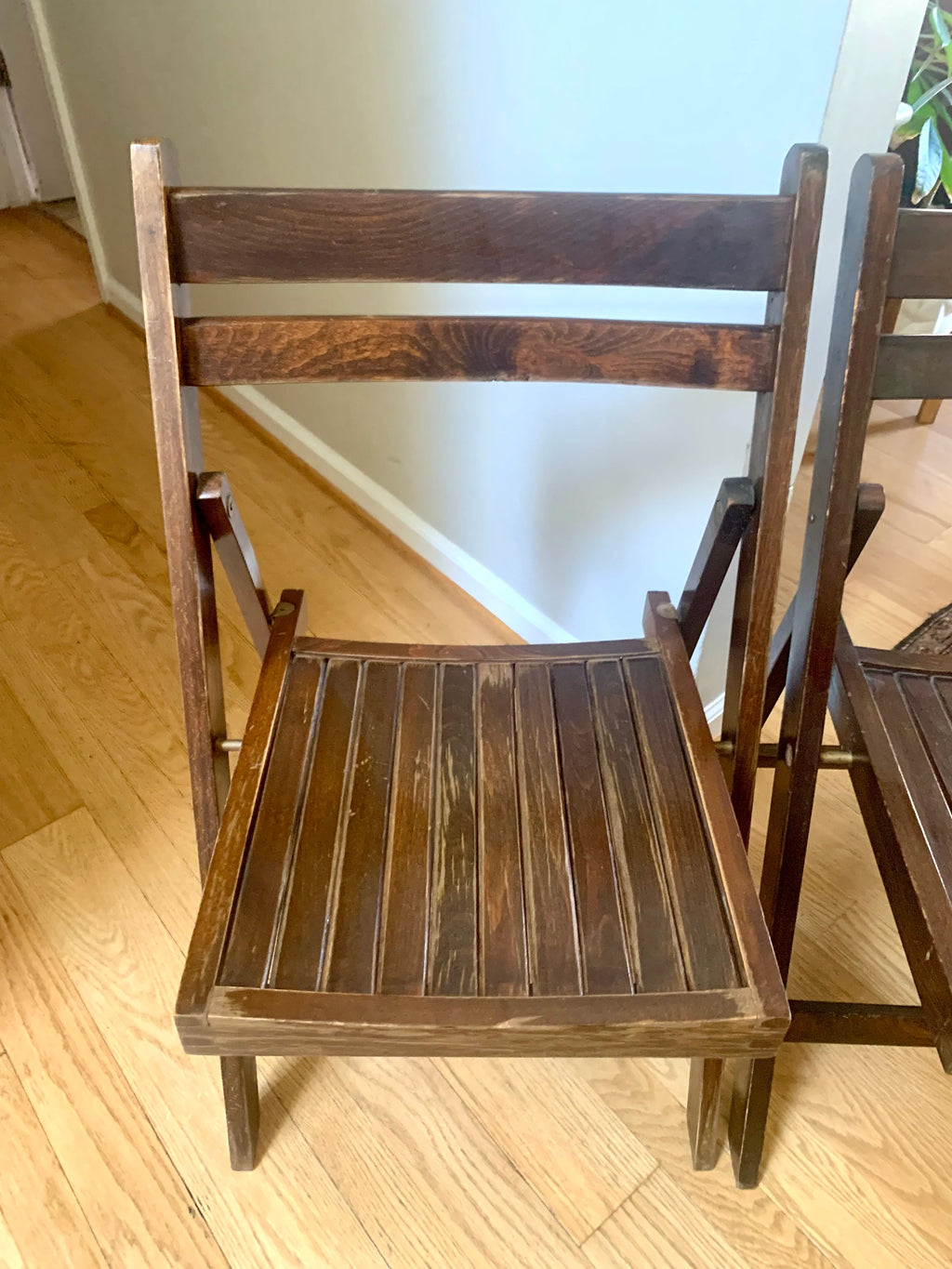 A Set Of 2 Wood Folding Chairs | Mid Century Folding Wood Slat Chairs | Extra Seating Wood Chairs | Made In Yugoslavia Wood Chairs
