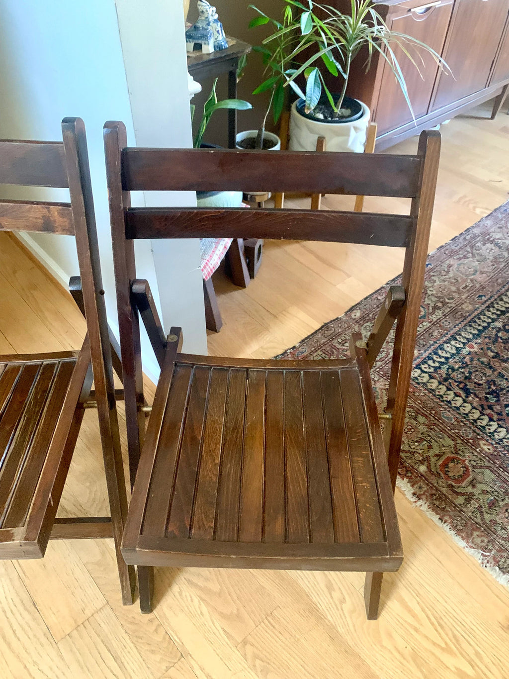 A Set Of 2 Wood Folding Chairs | Mid Century Folding Wood Slat Chairs | Extra Seating Wood Chairs | Made In Yugoslavia Wood Chairs