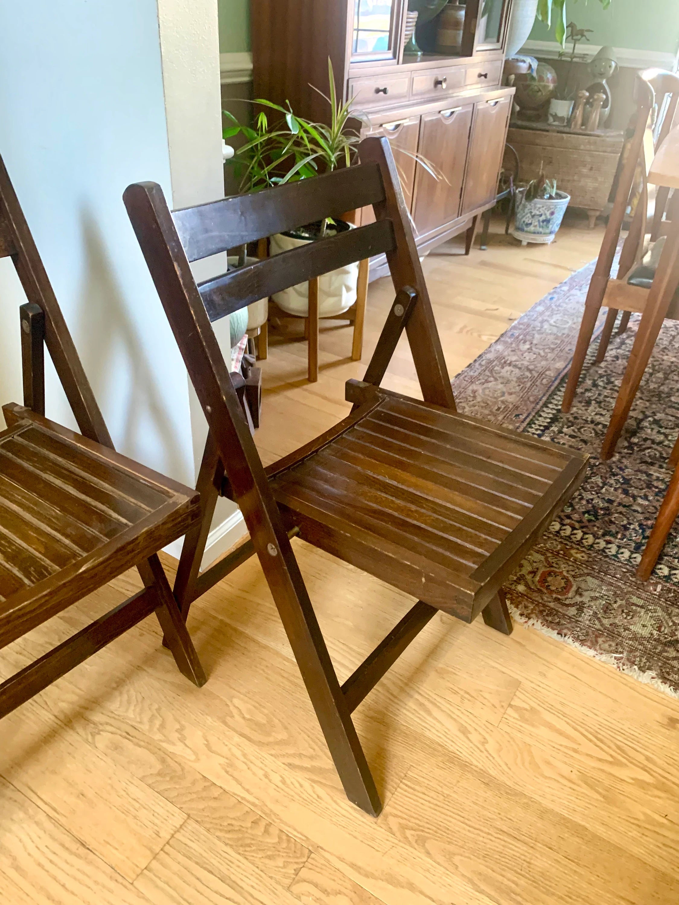 A Set Of 2 Wood Folding Chairs | Mid Century Folding Wood Slat Chairs | Extra Seating Wood Chairs | Made In Yugoslavia Wood Chairs