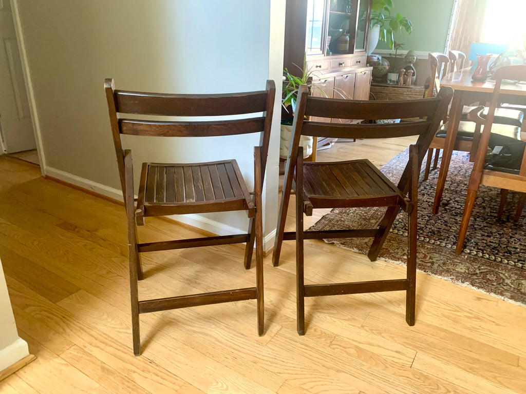 A Set Of 2 Wood Folding Chairs | Mid Century Folding Wood Slat Chairs | Extra Seating Wood Chairs | Made In Yugoslavia Wood Chairs