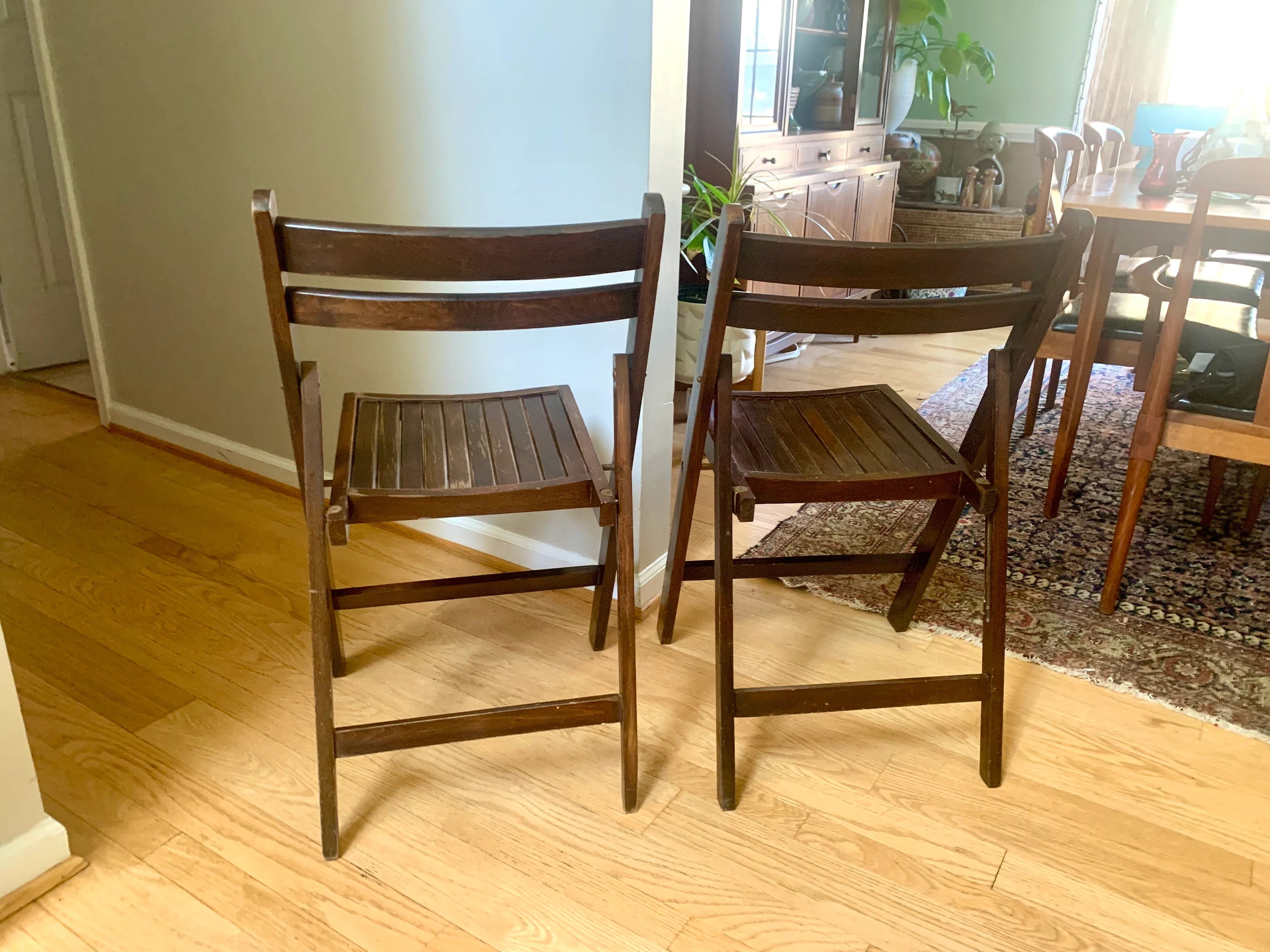 A Set Of 2 Wood Folding Chairs | Mid Century Folding Wood Slat Chairs | Extra Seating Wood Chairs | Made In Yugoslavia Wood Chairs