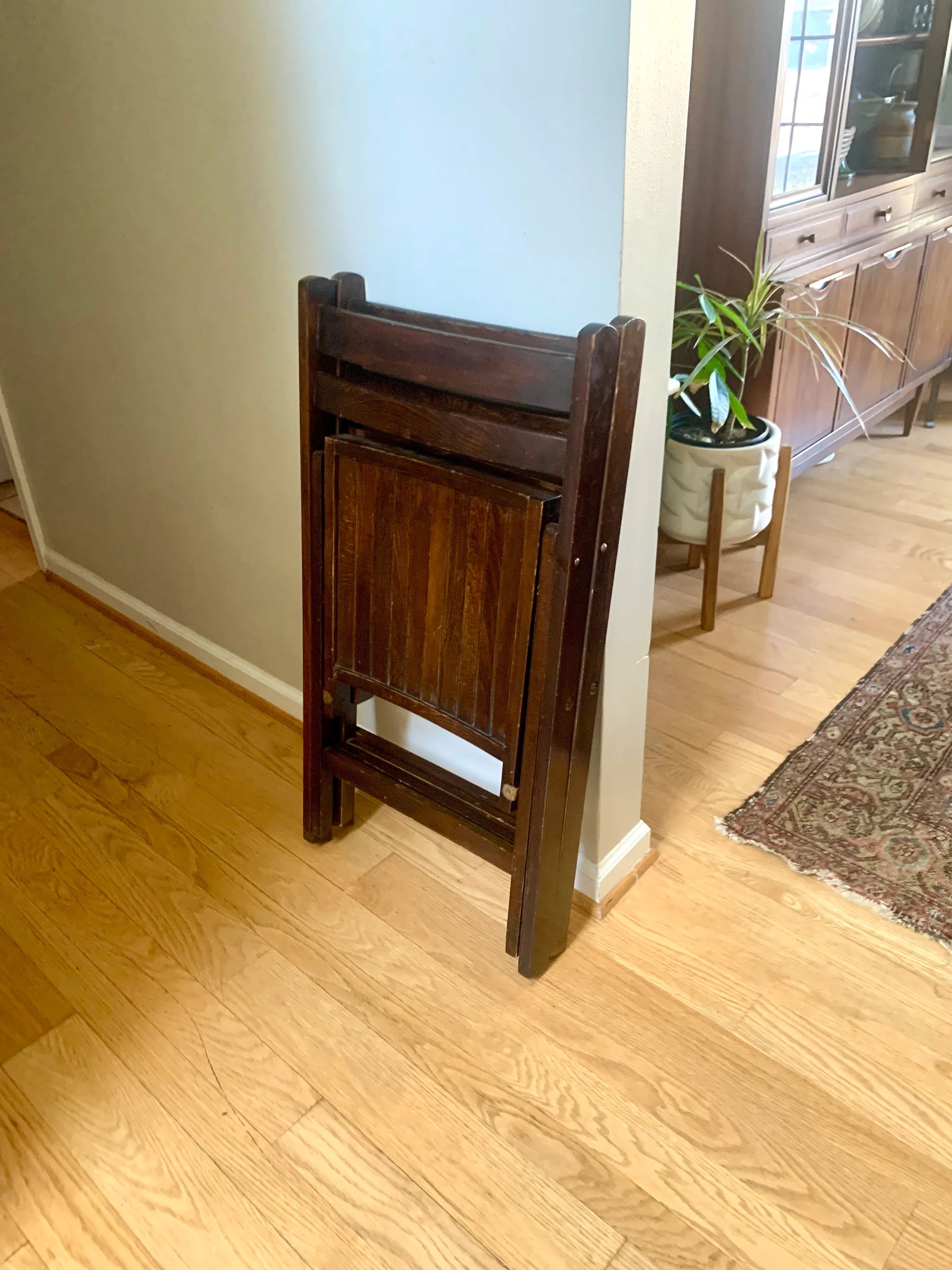 A Set Of 2 Wood Folding Chairs | Mid Century Folding Wood Slat Chairs | Extra Seating Wood Chairs | Made In Yugoslavia Wood Chairs