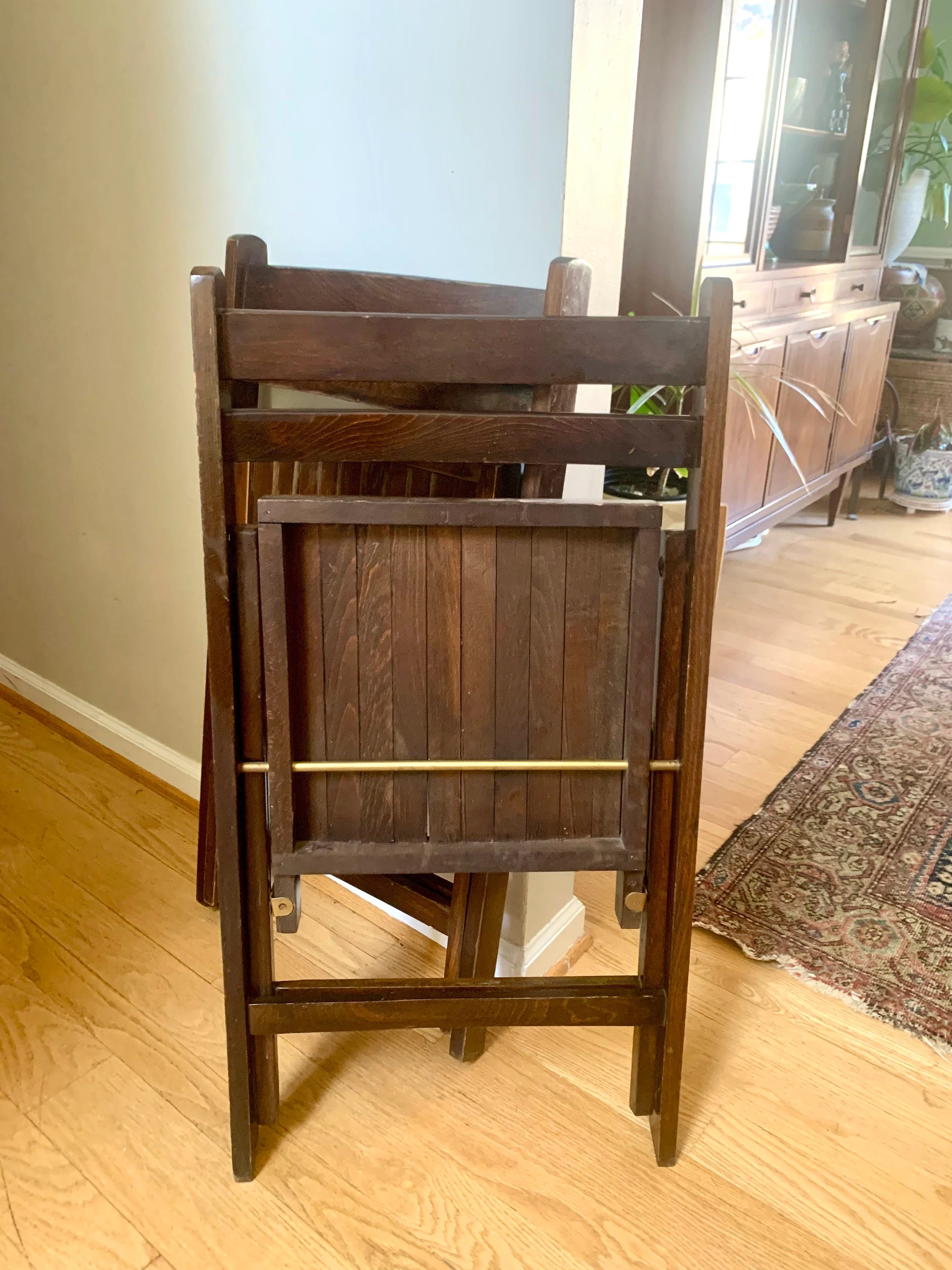 A Set Of 2 Wood Folding Chairs | Mid Century Folding Wood Slat Chairs | Extra Seating Wood Chairs | Made In Yugoslavia Wood Chairs