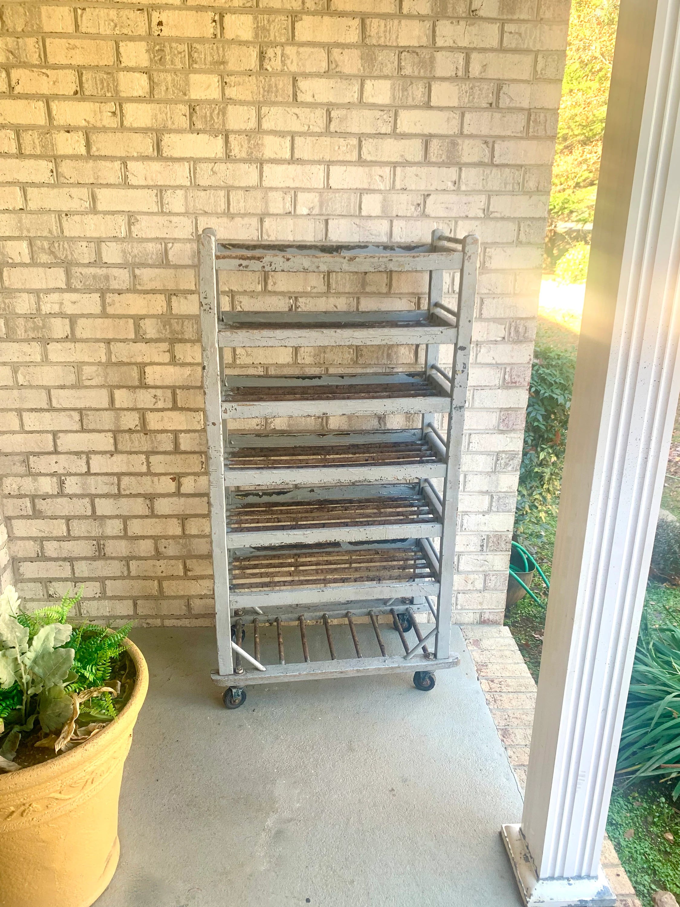 Vtg Wood Rolling Baking Tray Cart | Industrial Pottery Cart | Vtg Distressed Wood Shoe Cart| Baker's Rack | Rustic Wood Rolling Shelf