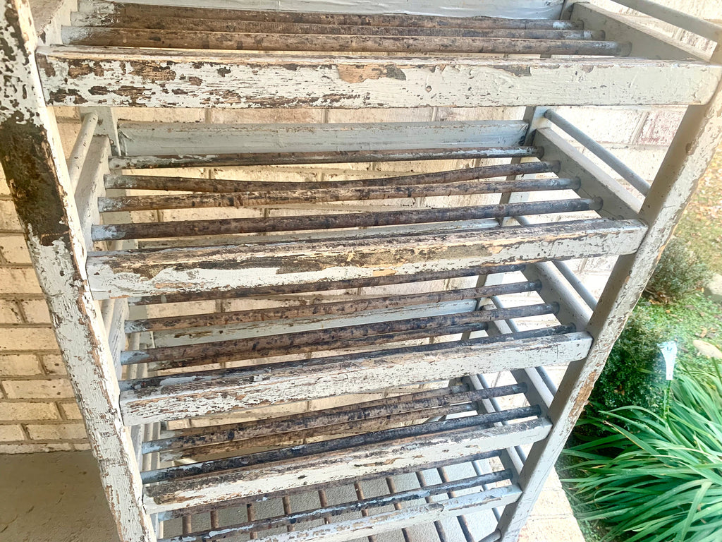 Vtg Wood Rolling Baking Tray Cart | Industrial Pottery Cart | Vtg Distressed Wood Shoe Cart| Baker's Rack | Rustic Wood Rolling Shelf