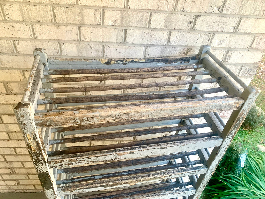 Vtg Wood Rolling Baking Tray Cart | Industrial Pottery Cart | Vtg Distressed Wood Shoe Cart| Baker's Rack | Rustic Wood Rolling Shelf