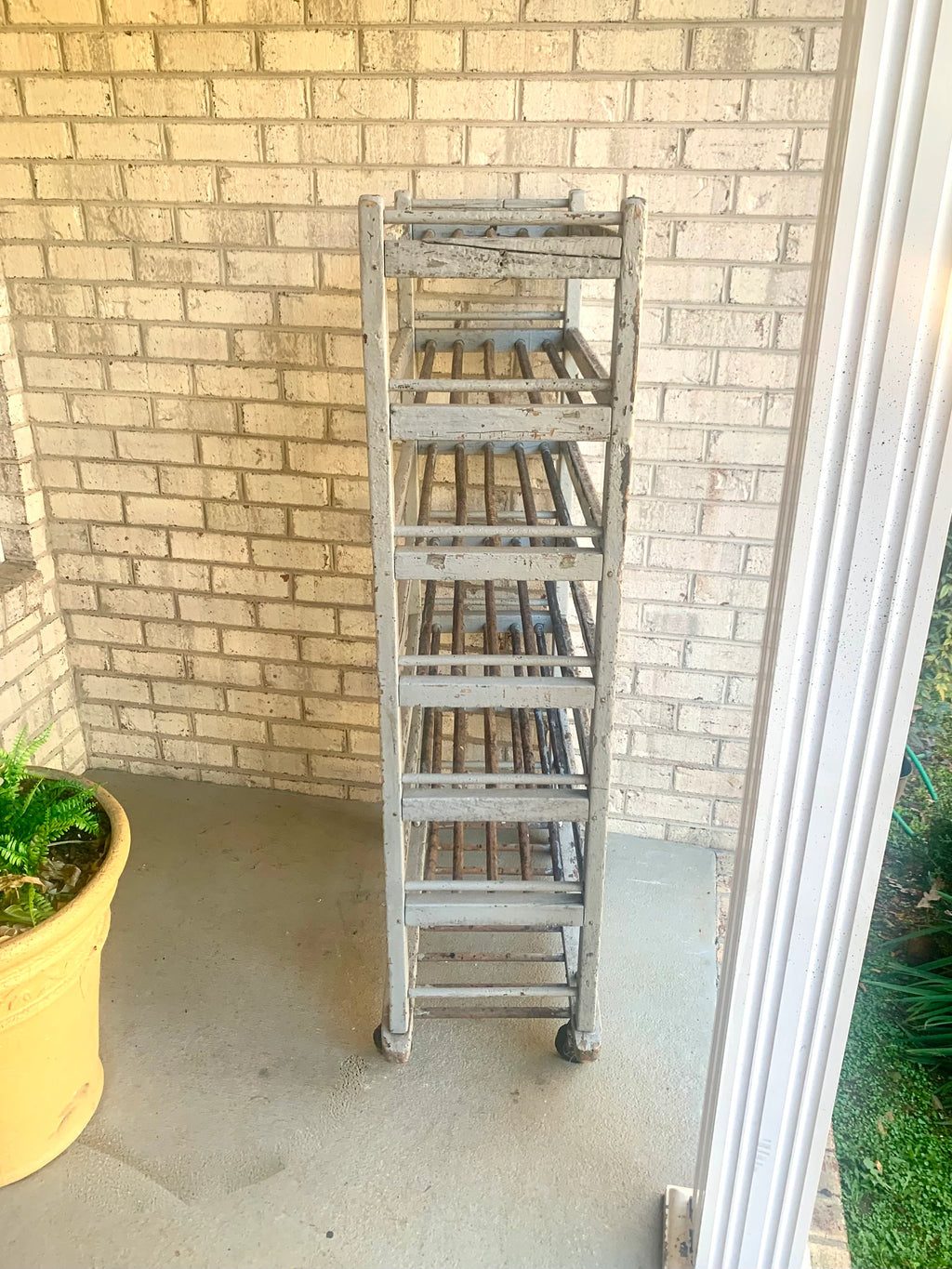 Vtg Wood Rolling Baking Tray Cart | Industrial Pottery Cart | Vtg Distressed Wood Shoe Cart| Baker's Rack | Rustic Wood Rolling Shelf