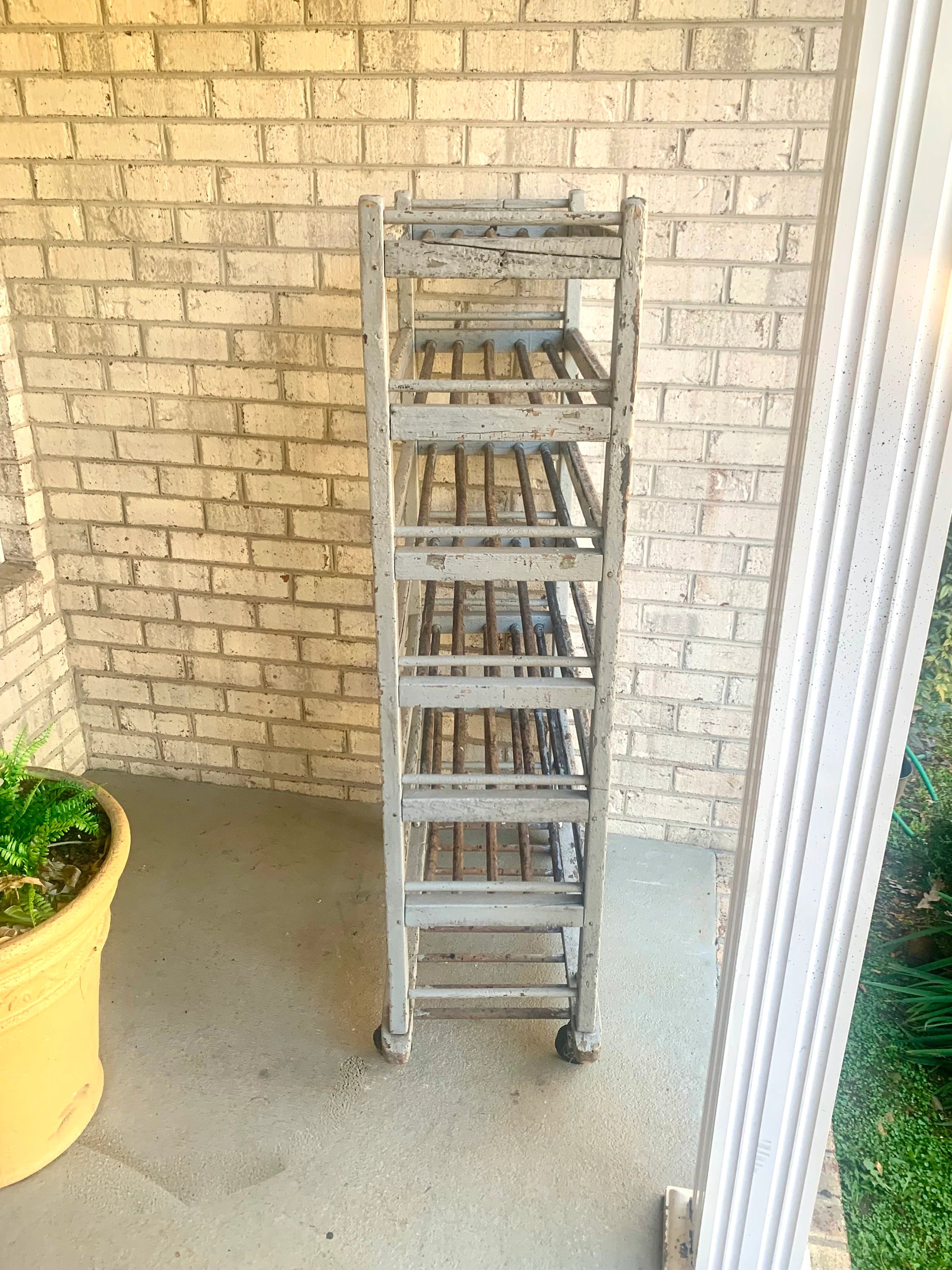Vtg Wood Rolling Baking Tray Cart | Industrial Pottery Cart | Vtg Distressed Wood Shoe Cart| Baker's Rack | Rustic Wood Rolling Shelf