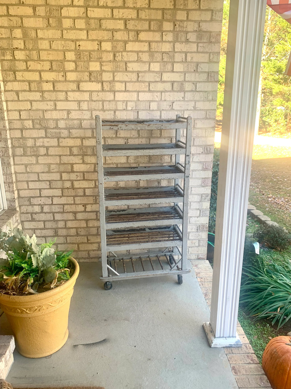Vtg Wood Rolling Baking Tray Cart | Industrial Pottery Cart | Vtg Distressed Wood Shoe Cart| Baker's Rack | Rustic Wood Rolling Shelf