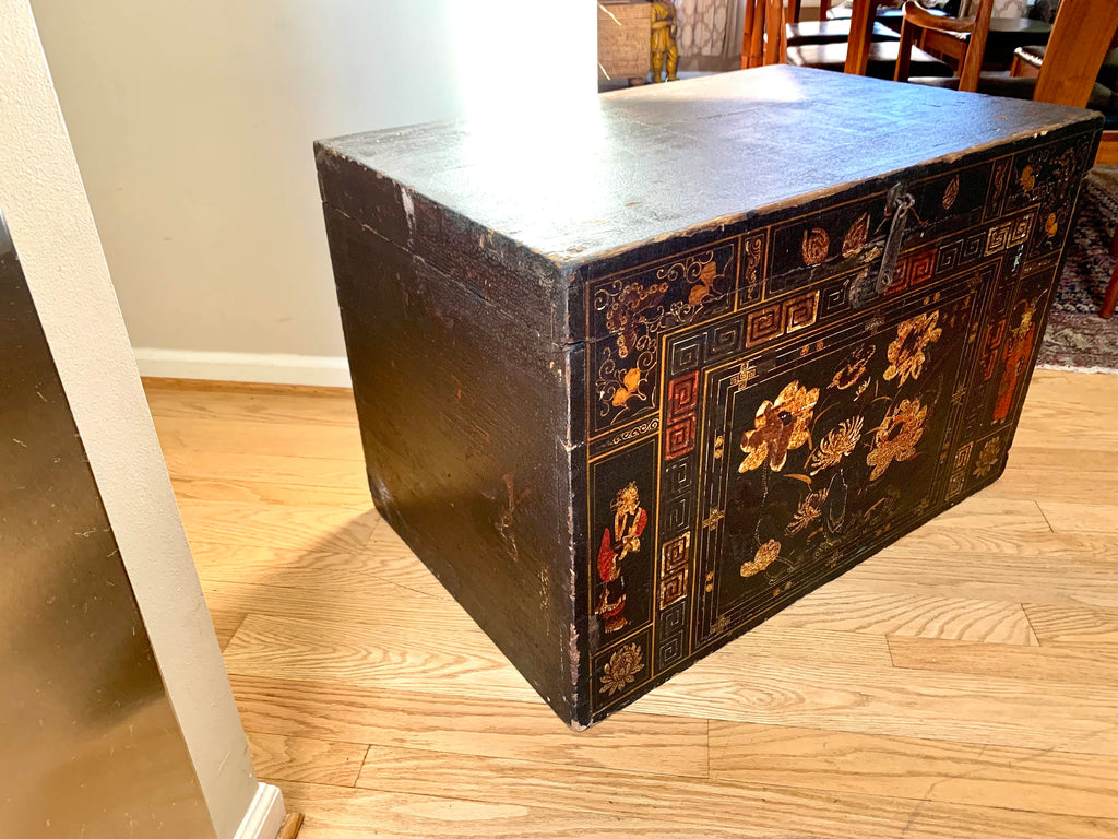 Antique Large Chinese Trunk | Large Chinese Trunk With Floral Motifs and Chines Characters | Chinese Opera Trunk | Painted Opera Chest