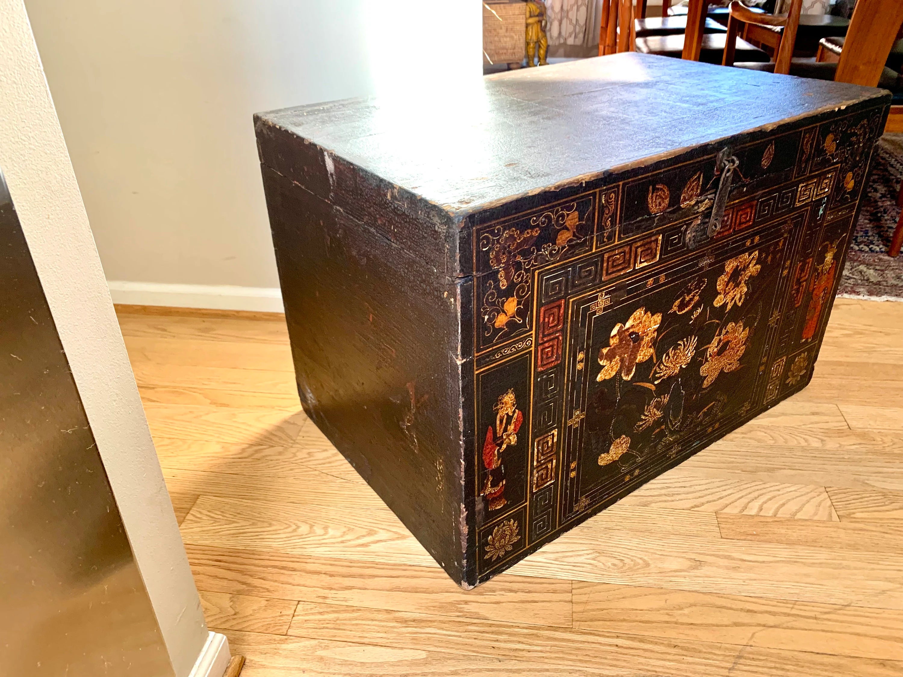 Antique Large Chinese Trunk | Large Chinese Trunk With Floral Motifs and Chines Characters | Chinese Opera Trunk | Painted Opera Chest
