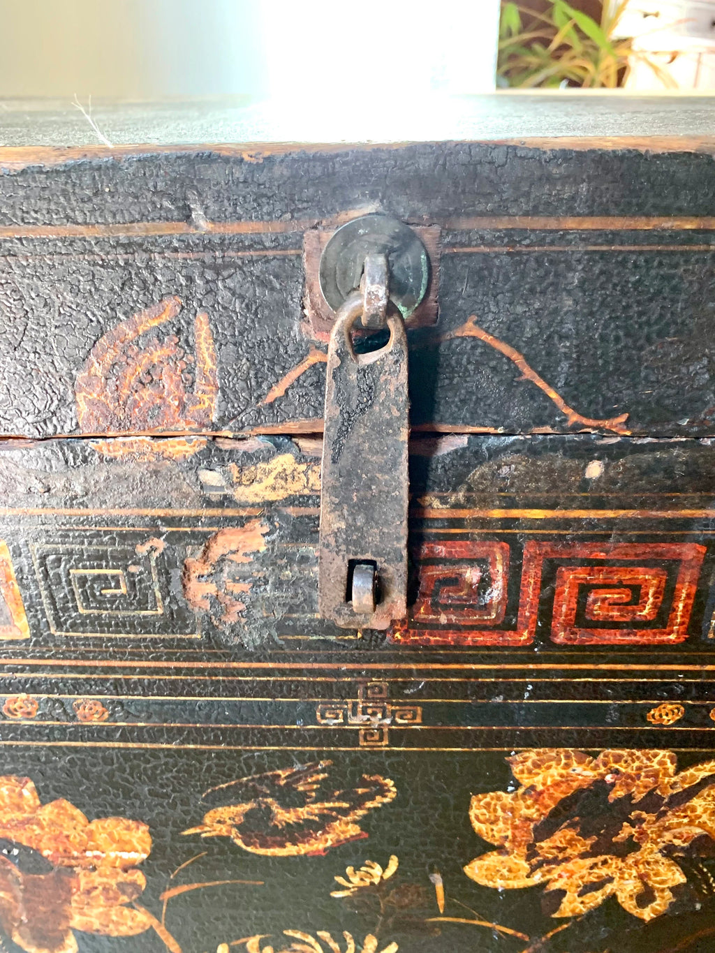 Antique Large Chinese Trunk | Large Chinese Trunk With Floral Motifs and Chines Characters | Chinese Opera Trunk | Painted Opera Chest