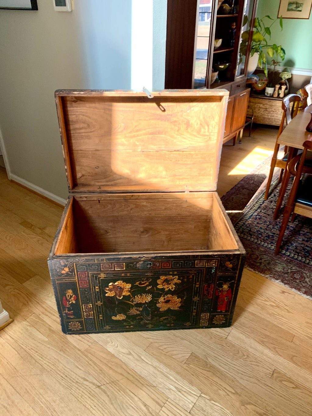 Antique Large Chinese Trunk | Large Chinese Trunk With Floral Motifs and Chines Characters | Chinese Opera Trunk | Painted Opera Chest