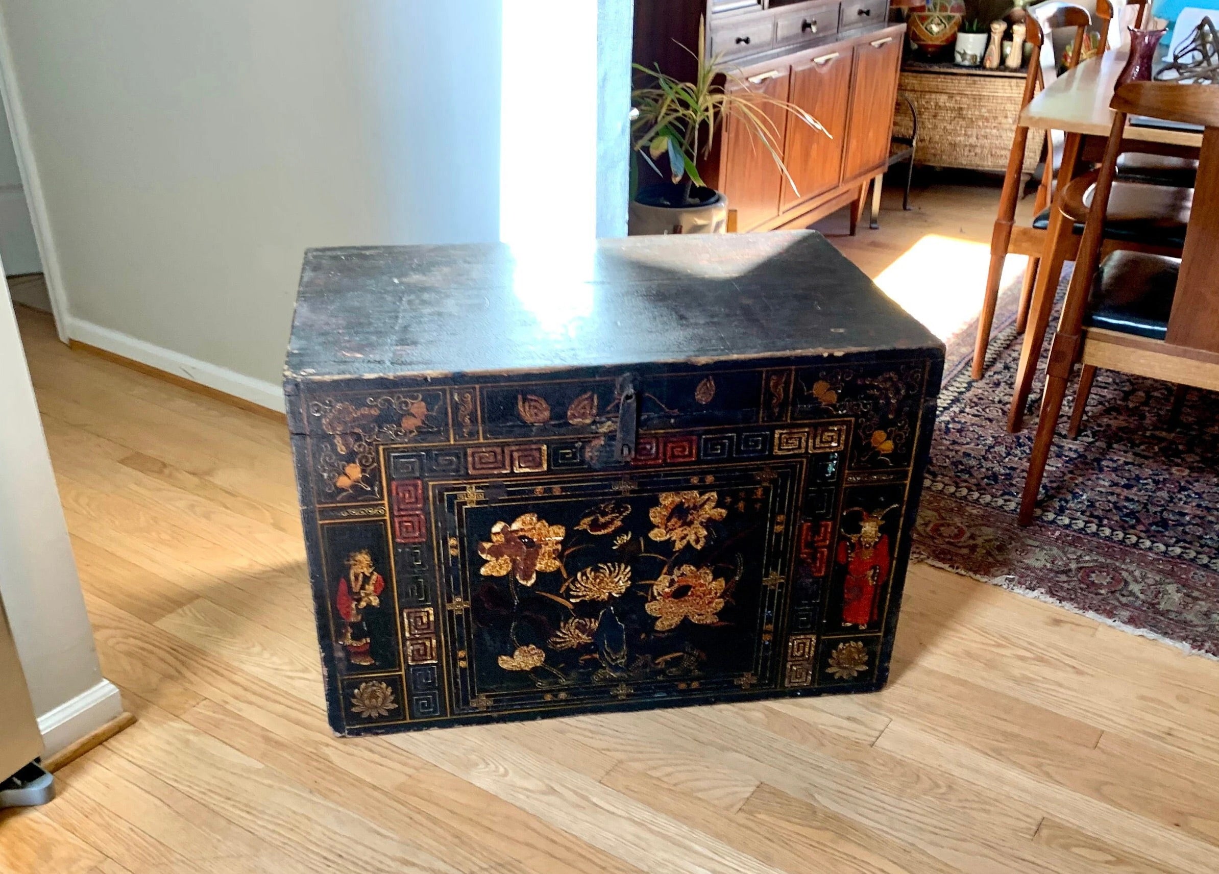 Antique Large Chinese Trunk | Large Chinese Trunk With Floral Motifs and Chines Characters | Chinese Opera Trunk | Painted Opera Chest