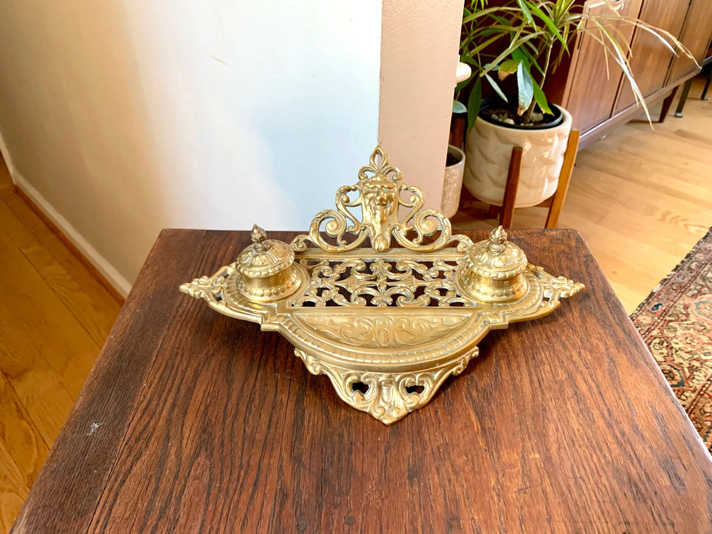Vtg Renaissance Revival Double Brass Inkwell | Ornate Brass Inkwell | Brass Inkwell With Northwind Face | Ornate Double Inkwell