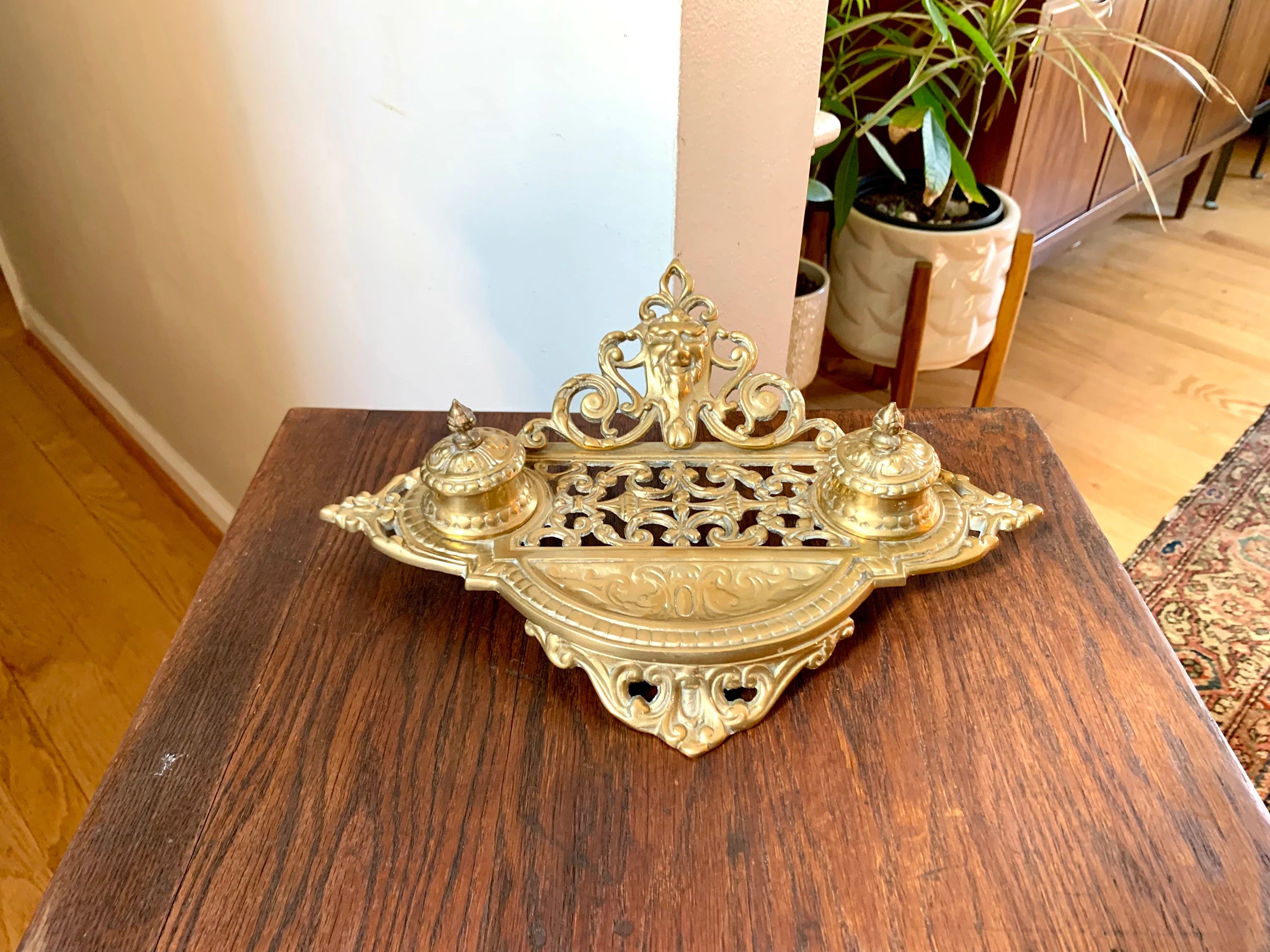 Vtg Renaissance Revival Double Brass Inkwell | Ornate Brass Inkwell | Brass Inkwell With Northwind Face | Ornate Double Inkwell