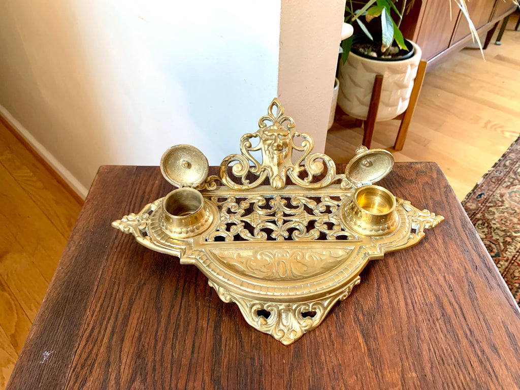 Vtg Renaissance Revival Double Brass Inkwell | Ornate Brass Inkwell | Brass Inkwell With Northwind Face | Ornate Double Inkwell