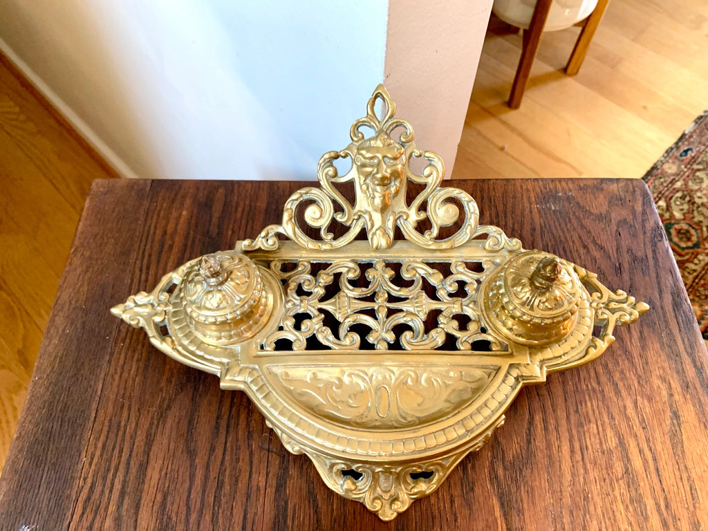 Vtg Renaissance Revival Double Brass Inkwell | Ornate Brass Inkwell | Brass Inkwell With Northwind Face | Ornate Double Inkwell