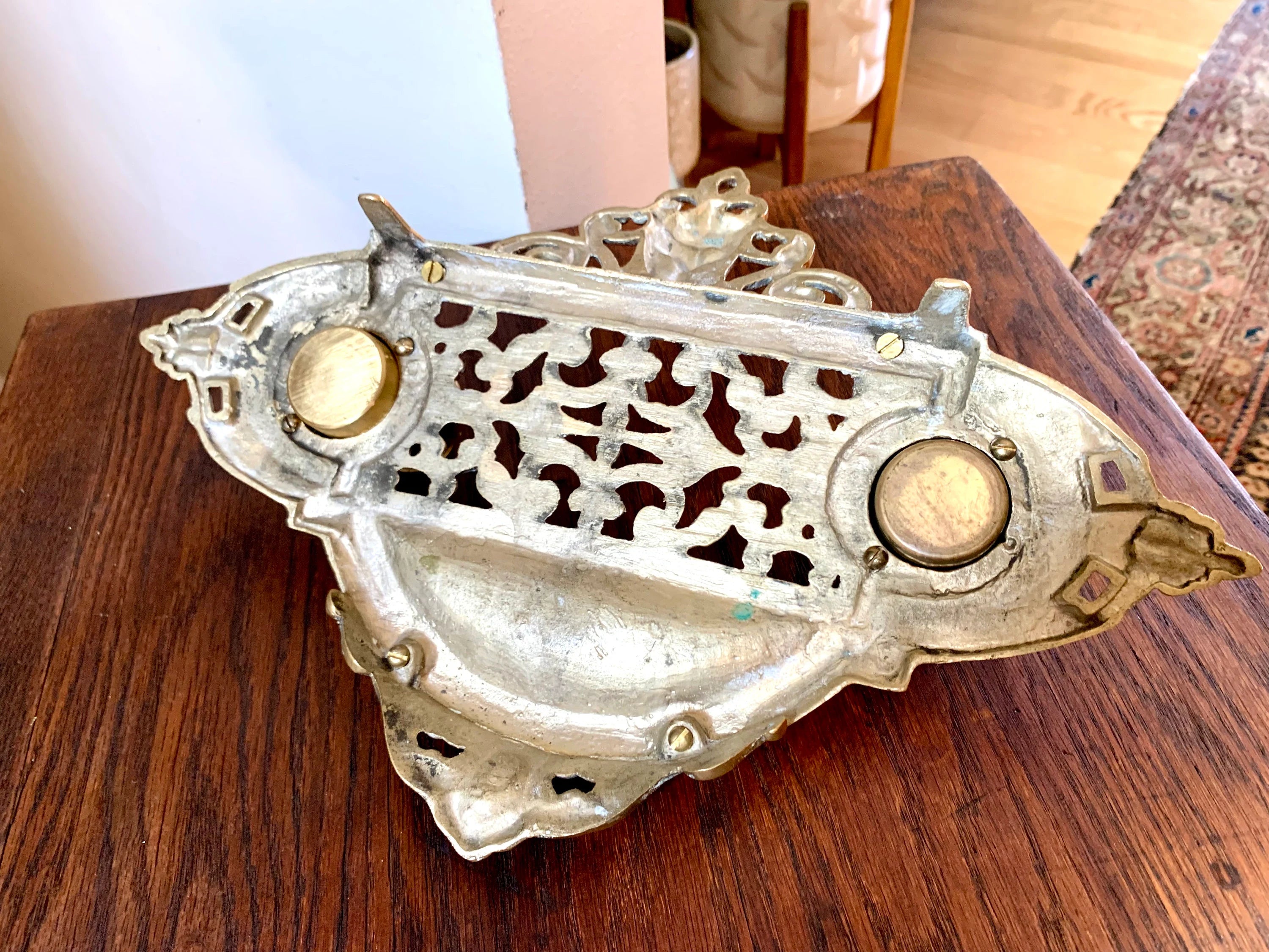 Vtg Renaissance Revival Double Brass Inkwell | Ornate Brass Inkwell | Brass Inkwell With Northwind Face | Ornate Double Inkwell
