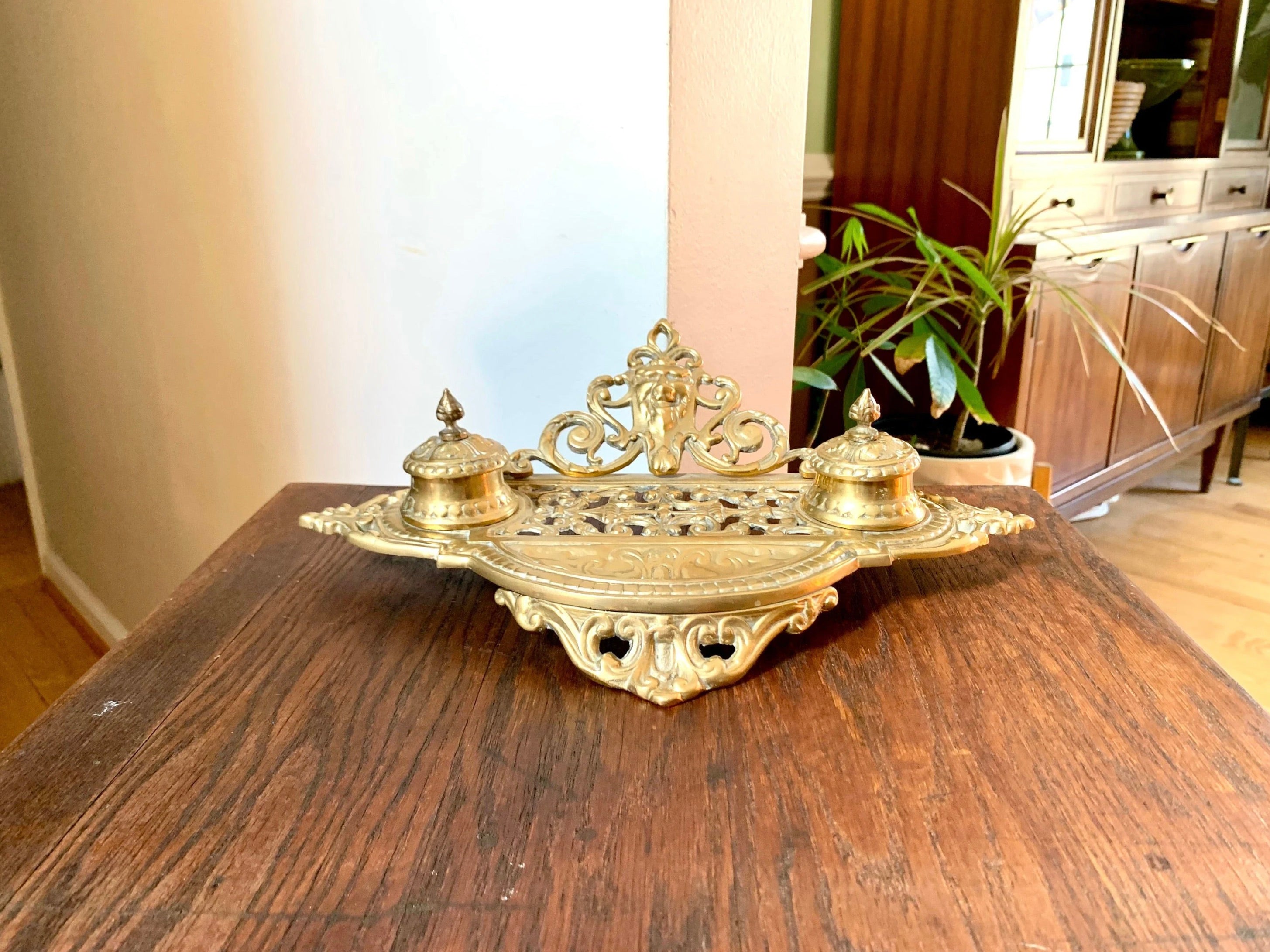 Vtg Renaissance Revival Double Brass Inkwell | Ornate Brass Inkwell | Brass Inkwell With Northwind Face | Ornate Double Inkwell