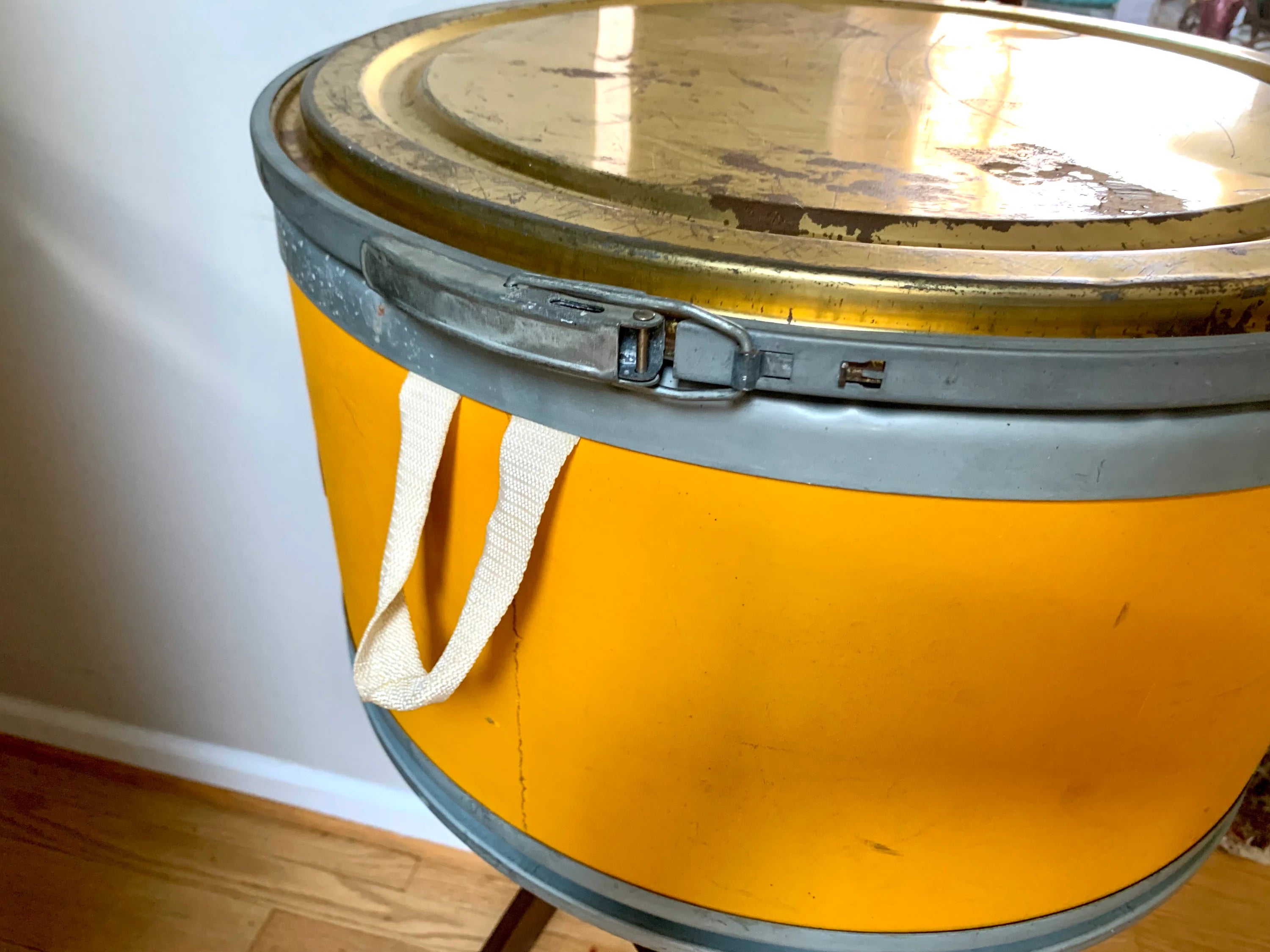 Vtg Pcuk Soreflon Container | Yellow French Storage Container | Yellow Barrel Container | Decorative Shipping Container| Large Round Box
