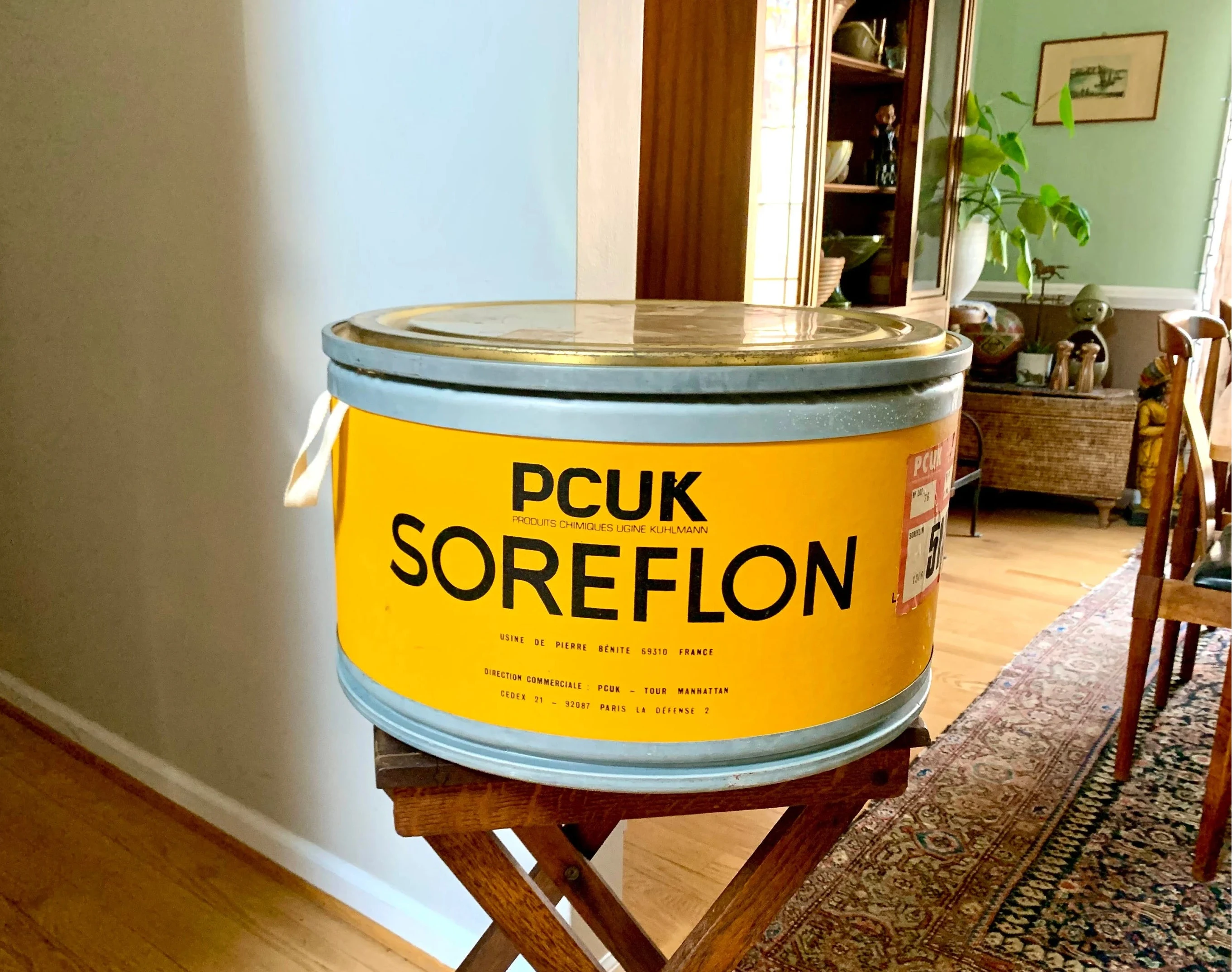 Vtg Pcuk Soreflon Container | Yellow French Storage Container | Yellow Barrel Container | Decorative Shipping Container| Large Round Box