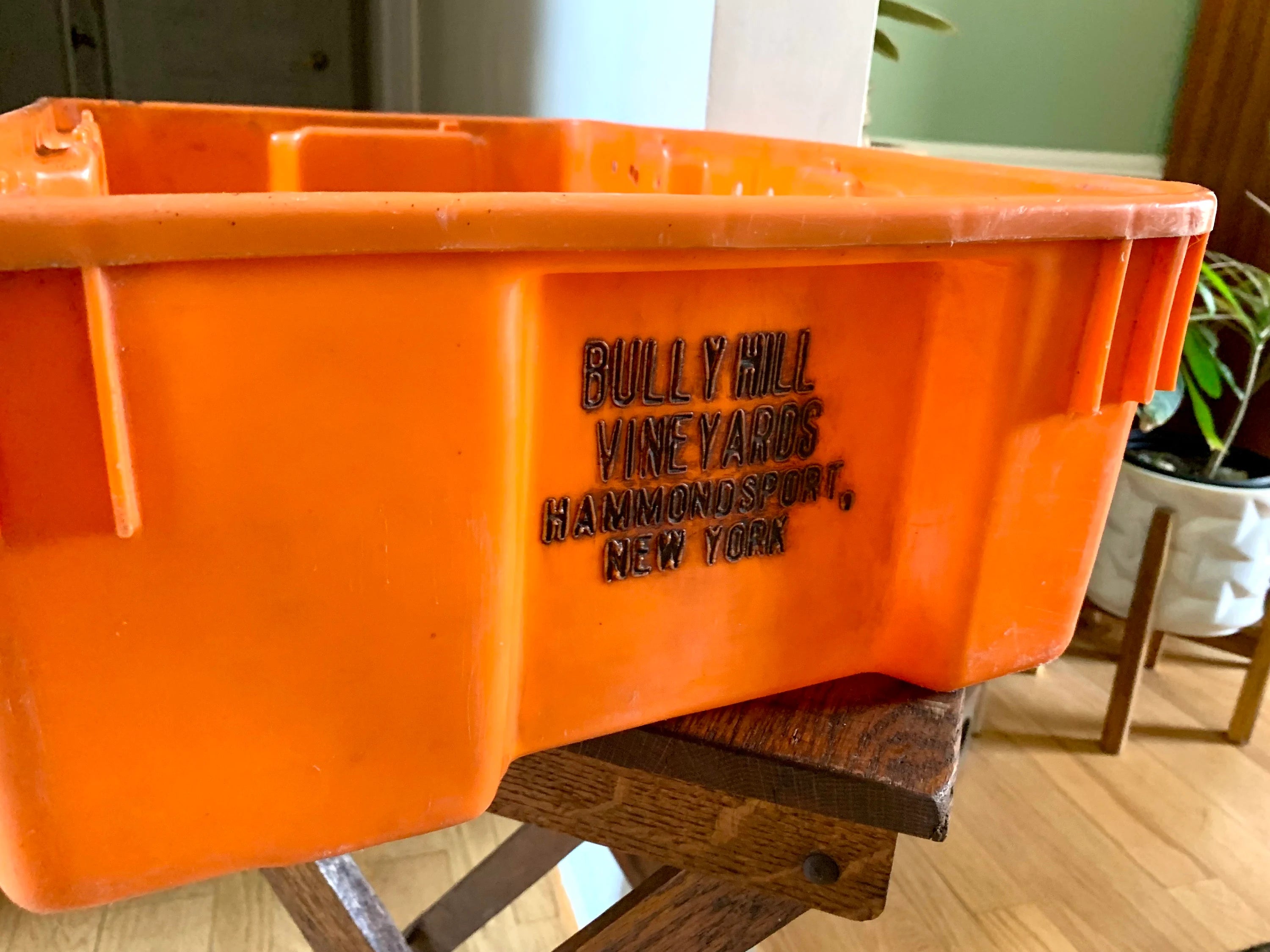 Vtg Plastic Bully Hill Vineyard Grape Crate | Orange Bully Hill Grape Bin | Hammondsport NY Winery Grape Crate | Industrial Storage Bin