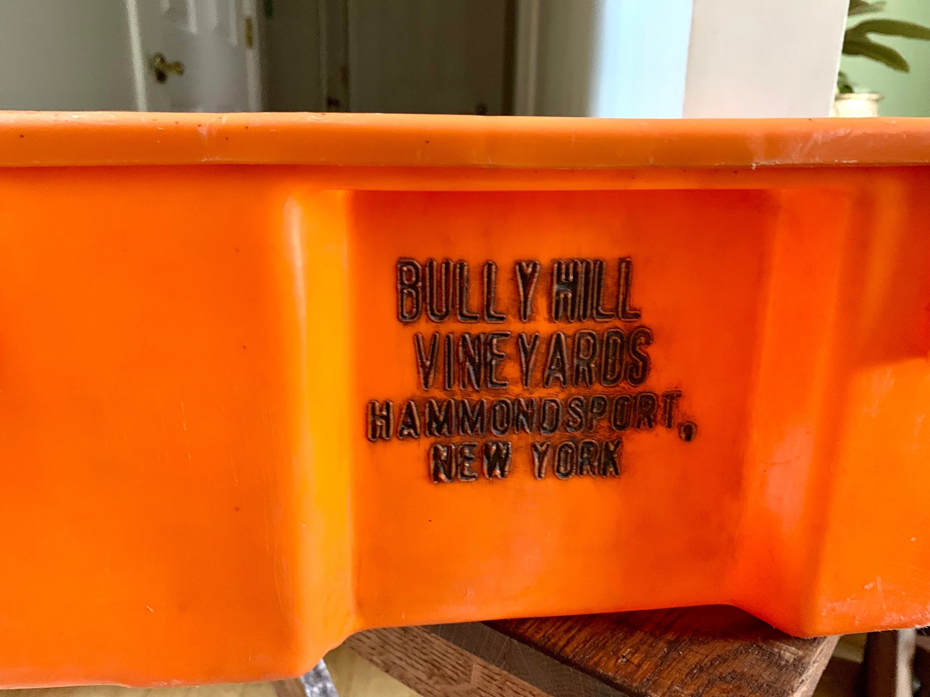 Vtg Plastic Bully Hill Vineyard Grape Crate | Orange Bully Hill Grape Bin | Hammondsport NY Winery Grape Crate | Industrial Storage Bin